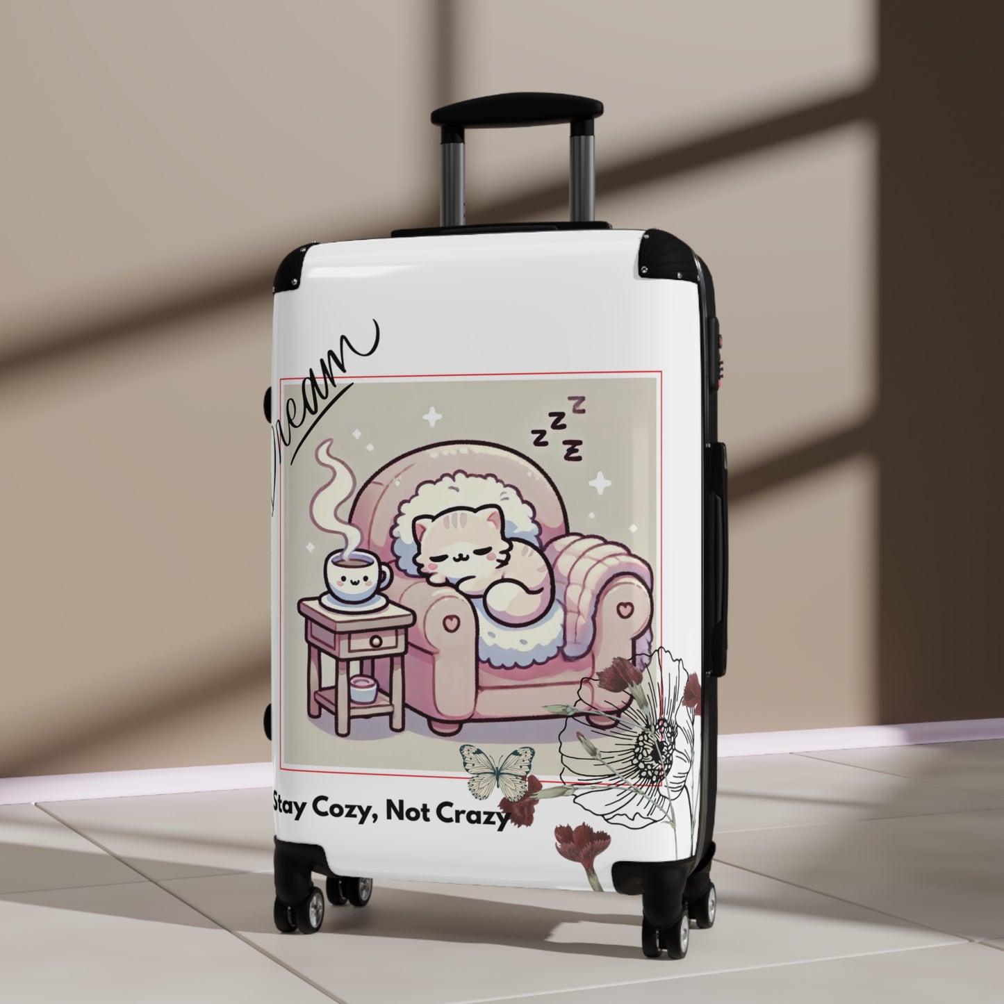 Cozy Cat Suitcase, Adorable Travel Luggage, Vacation Gear, Gift for Pet Lovers, Stay Cozy Not Crazy Design