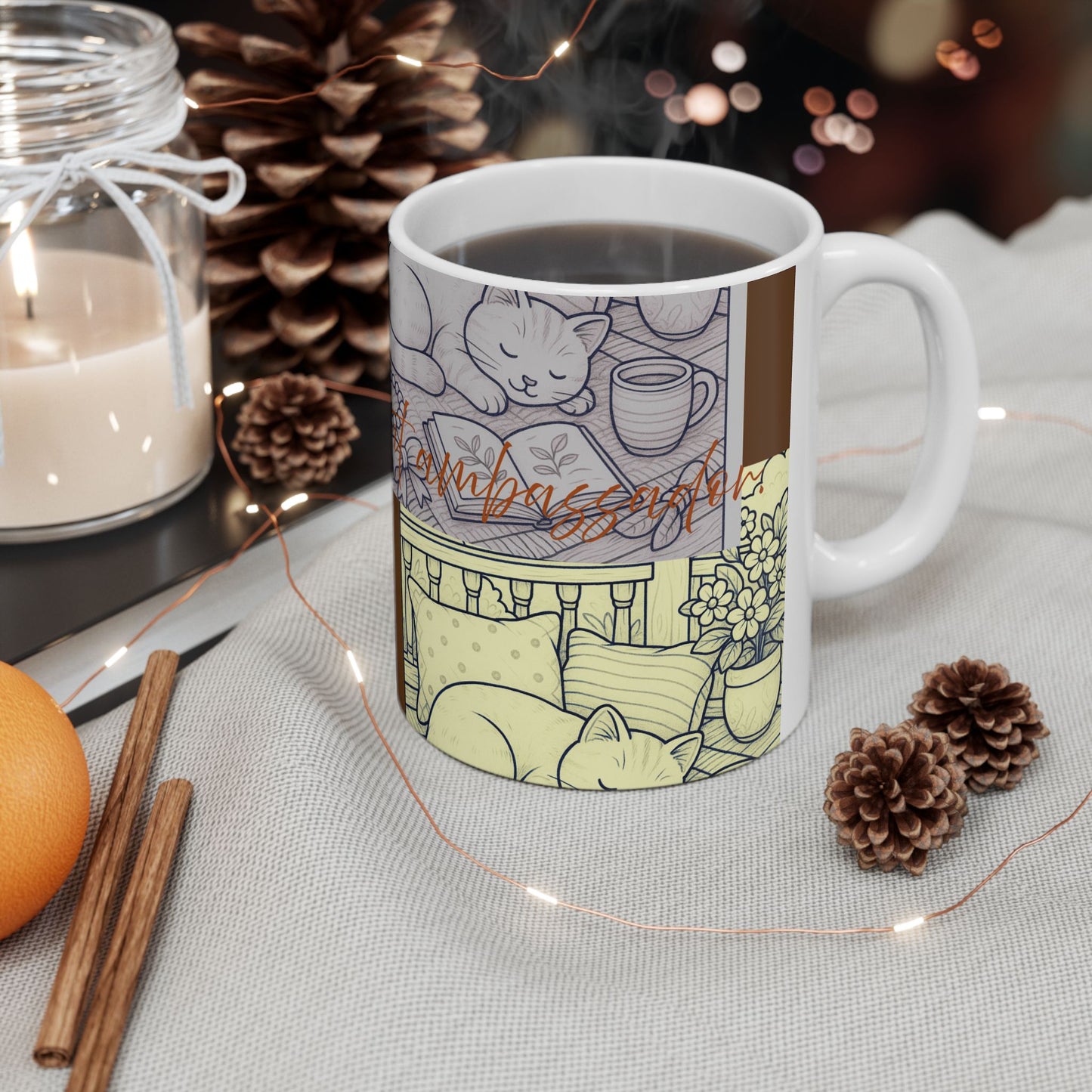 Cozy Home Ceramic Mug, Cat Lovers Gift, Floral Design Coffee Cup, Cute Tea Mug, Unique Kitchenware, Gift for Cat Moms