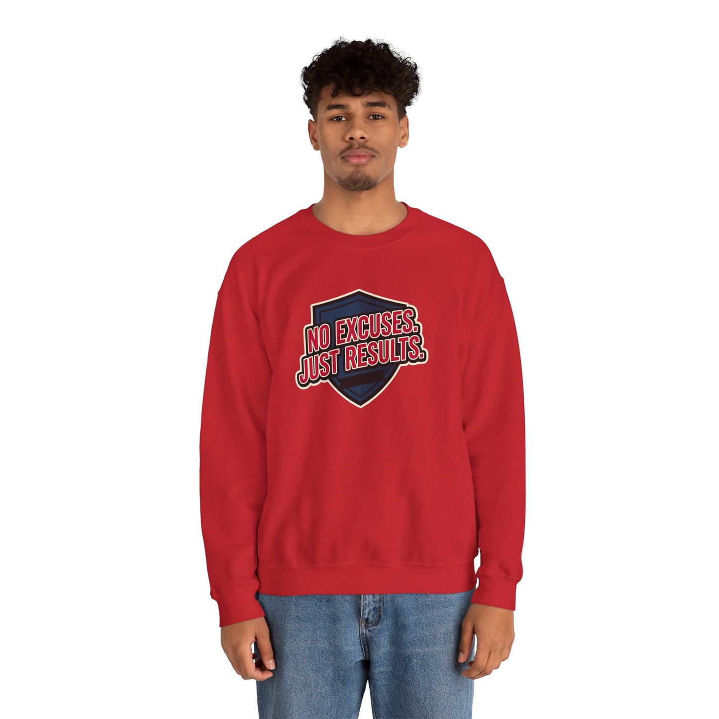 No Excuses Just Results Sweatshirt | Motivational Shield Design