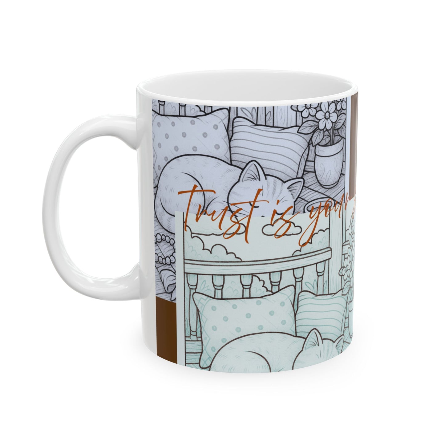 Cozy Home Ceramic Mug, Cat Lovers Gift, Floral Design Coffee Cup, Cute Tea Mug, Unique Kitchenware, Gift for Cat Moms