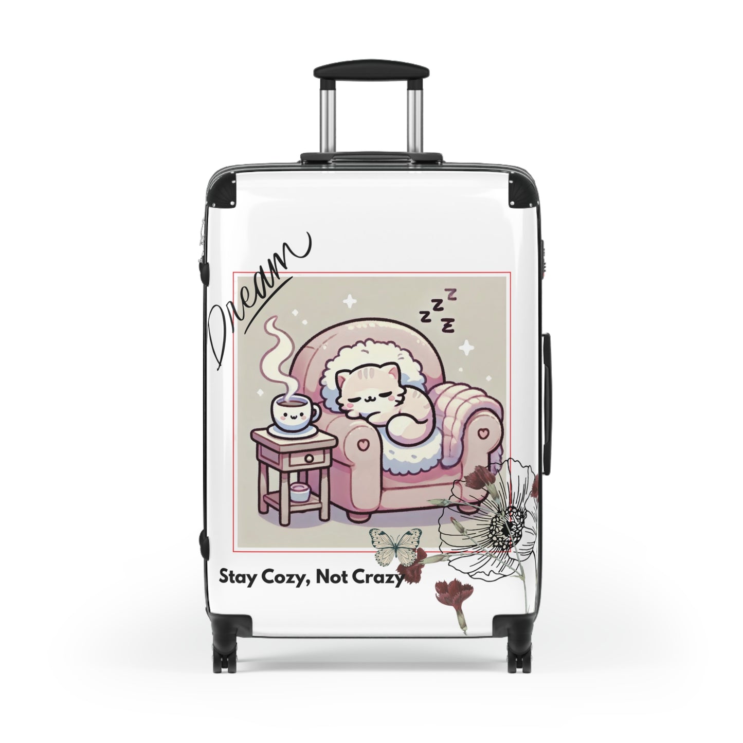 Cozy Cat Suitcase, Adorable Travel Luggage, Vacation Gear, Gift for Pet Lovers, Stay Cozy Not Crazy Design