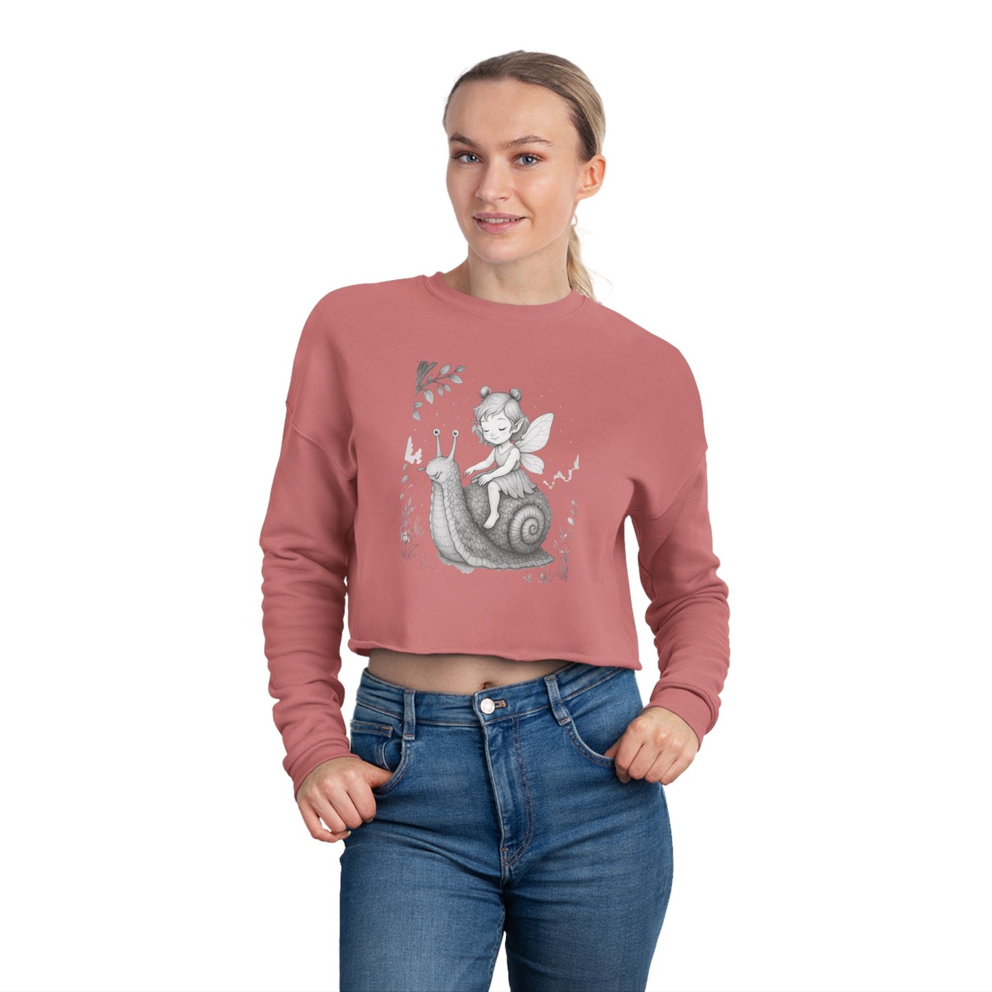 Whimsical Fairy Snail Cropped Sweatshirt, Cute Cozy Top for Women, Perfect Gift for Birthdays, Vintage Aesthetic, Fall Fashion