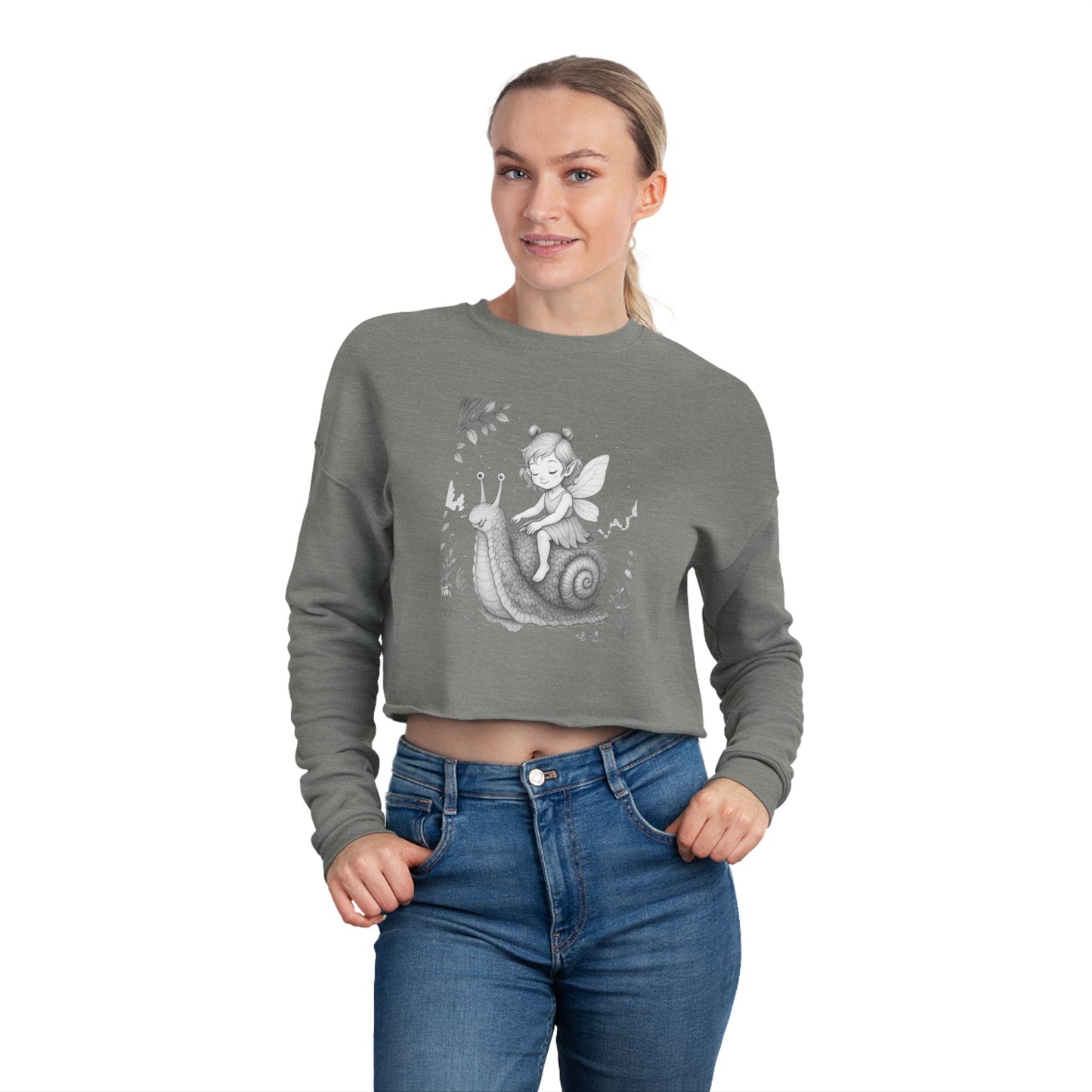 Whimsical Fairy Snail Cropped Sweatshirt, Cute Cozy Top for Women, Perfect Gift for Birthdays, Vintage Aesthetic, Fall Fashion