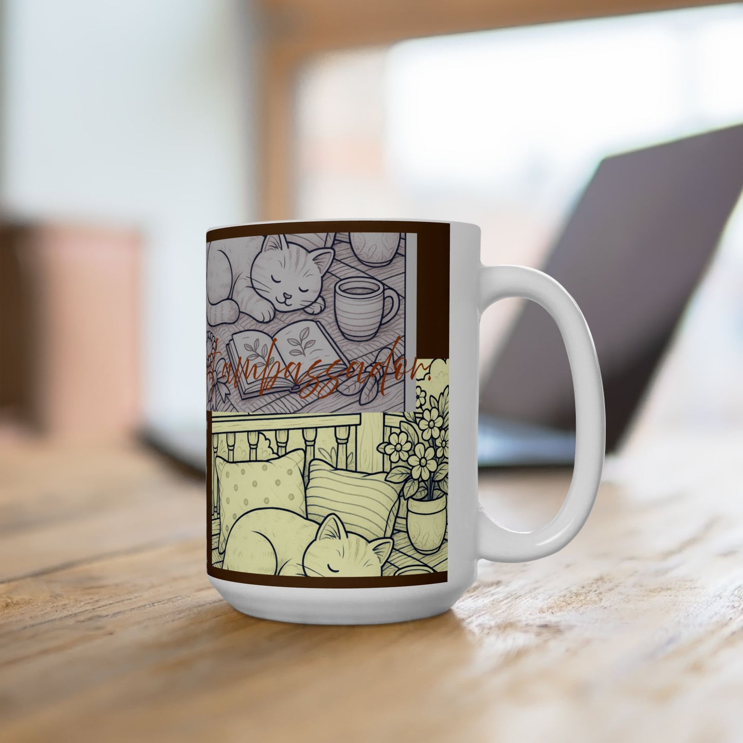 Cozy Home Ceramic Mug, Cat Lovers Gift, Floral Design Coffee Cup, Cute Tea Mug, Unique Kitchenware, Gift for Cat Moms