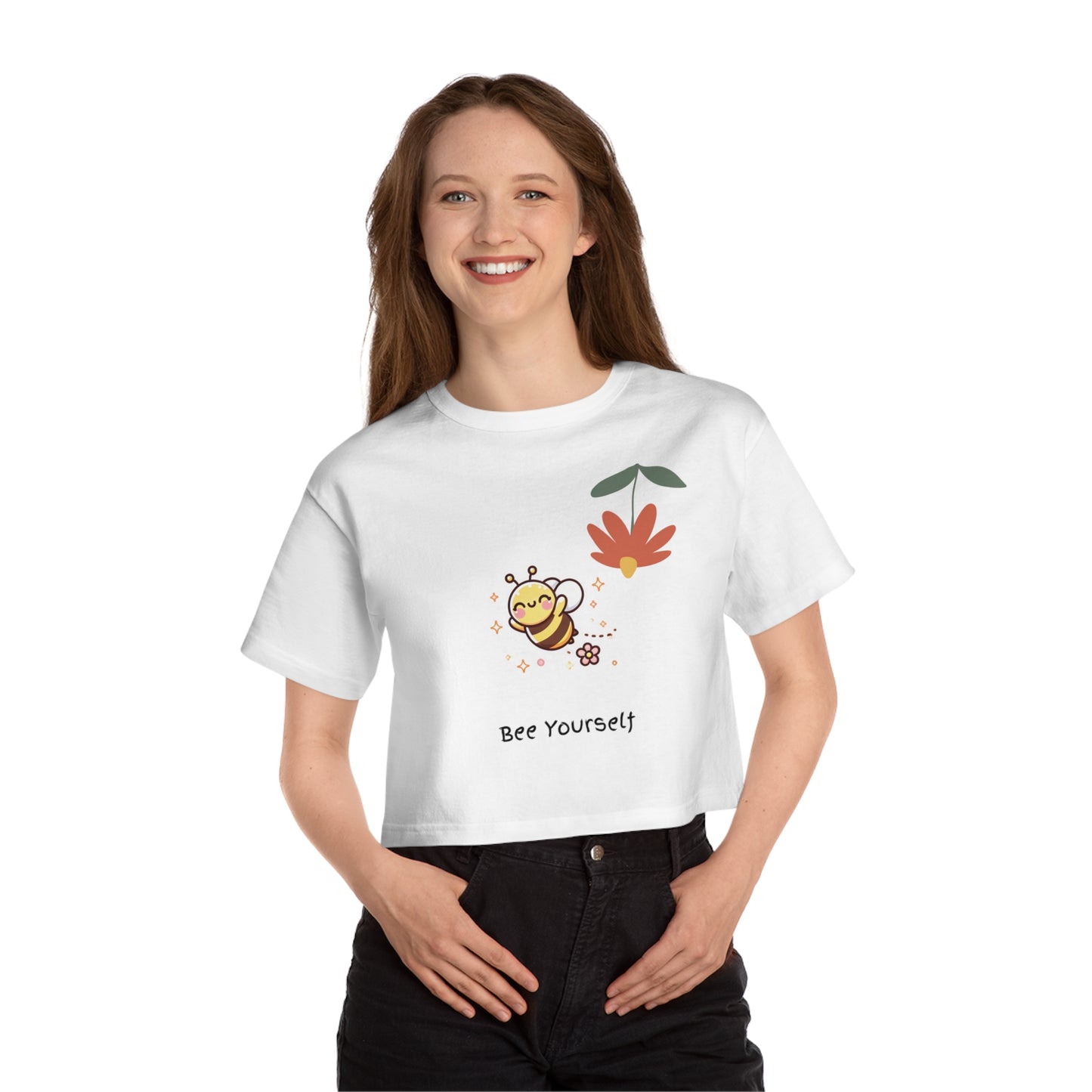 Cropped T-Shirt, Bee Yourself Inspiring Tee, Floral Graphic Top, Gift for Nature Lovers, Cute Summer Wear, Eco-Friendly Fashion