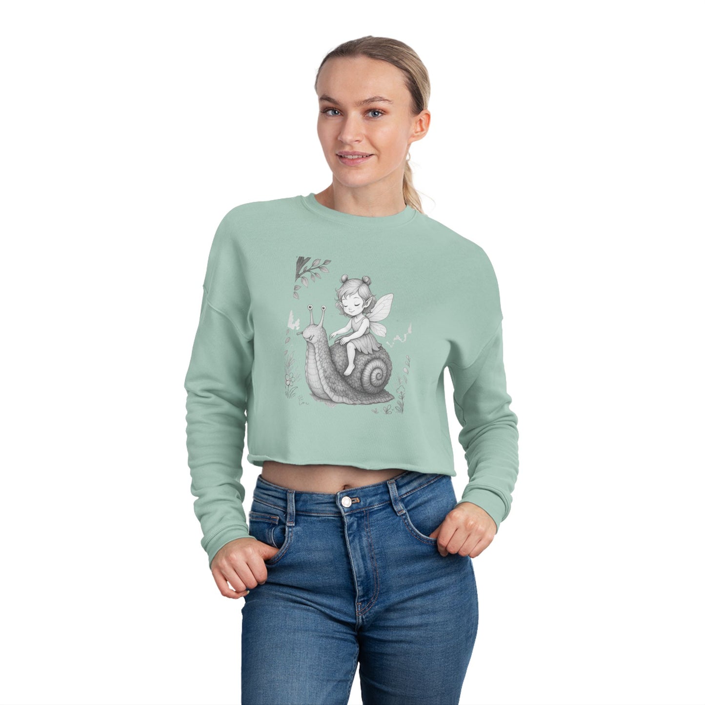 Whimsical Fairy Snail Cropped Sweatshirt, Cute Cozy Top for Women, Perfect Gift for Birthdays, Vintage Aesthetic, Fall Fashion