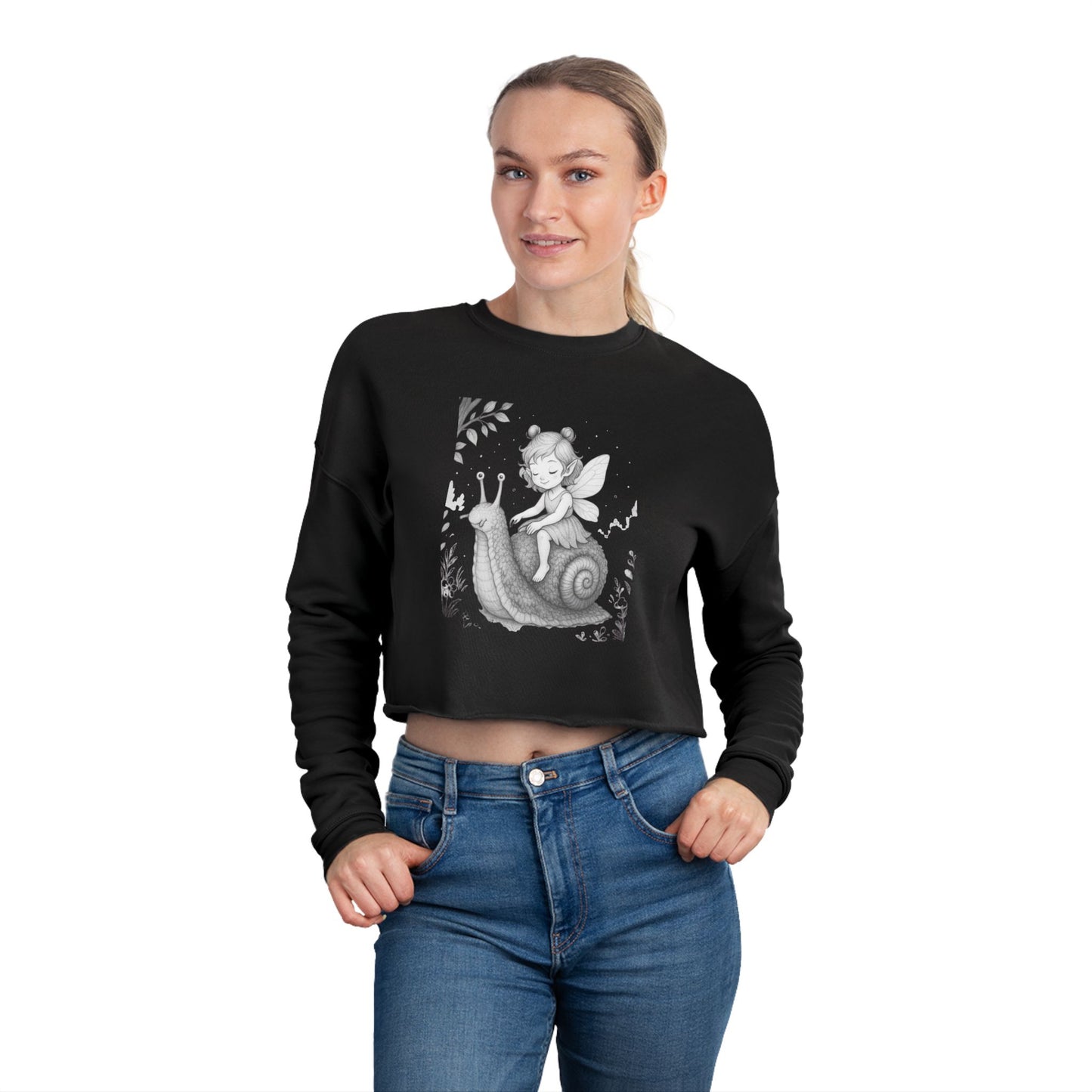 Whimsical Fairy Snail Cropped Sweatshirt, Cute Cozy Top for Women, Perfect Gift for Birthdays, Vintage Aesthetic, Fall Fashion