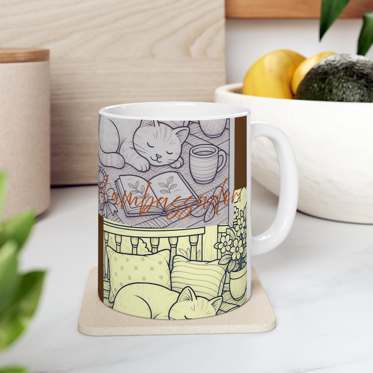 Cozy Home Ceramic Mug, Cat Lovers Gift, Floral Design Coffee Cup, Cute Tea Mug, Unique Kitchenware, Gift for Cat Moms