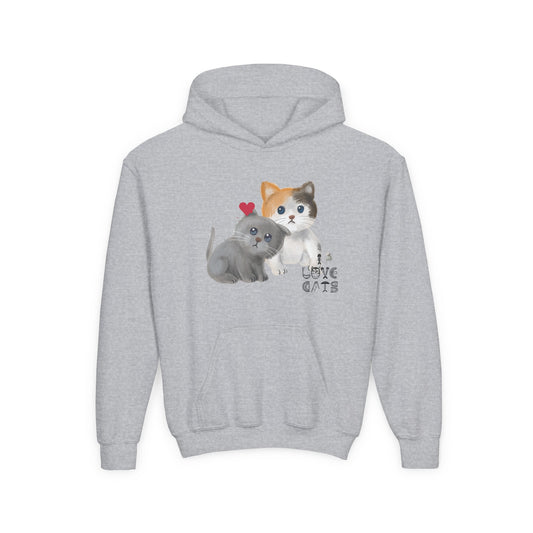 Cute Cat Love Kids Hoodie, Pet Lover Gift, Youth Pullover Sweatshirt, Fun Animal Sweater, Birthday Gift for Children