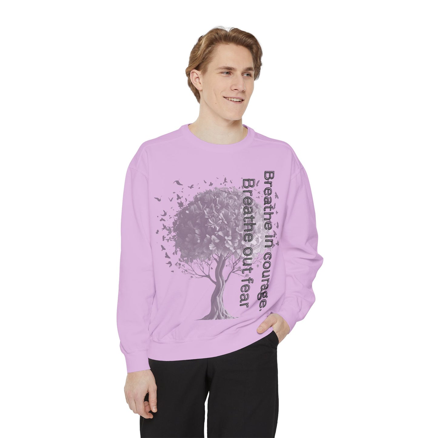 Inspirational Sweatshirt, Cozy Garment-Dyed Sweater, Gift for Nature Lovers, Motivational Apparel, Breathe Design Hoodie, Relaxed Fit Layer