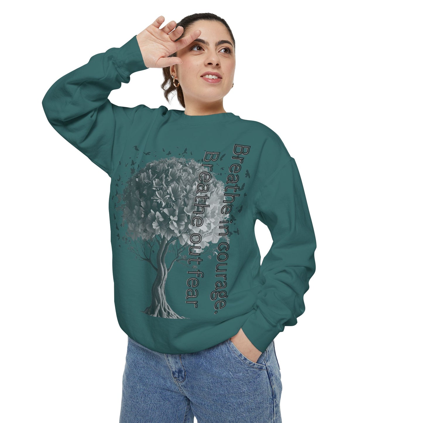 Inspirational Sweatshirt, Cozy Garment-Dyed Sweater, Gift for Nature Lovers, Motivational Apparel, Breathe Design Hoodie, Relaxed Fit Layer