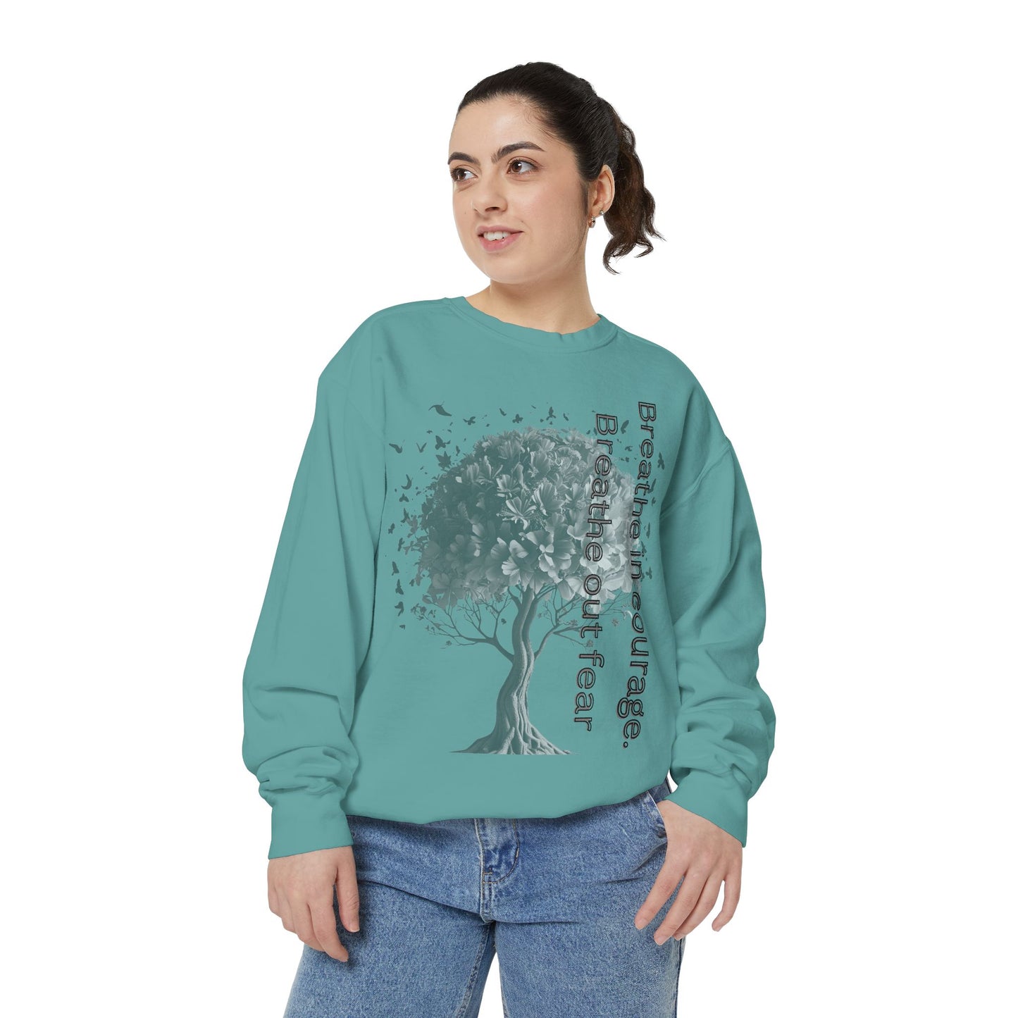 Inspirational Sweatshirt, Cozy Garment-Dyed Sweater, Gift for Nature Lovers, Motivational Apparel, Breathe Design Hoodie, Relaxed Fit Layer