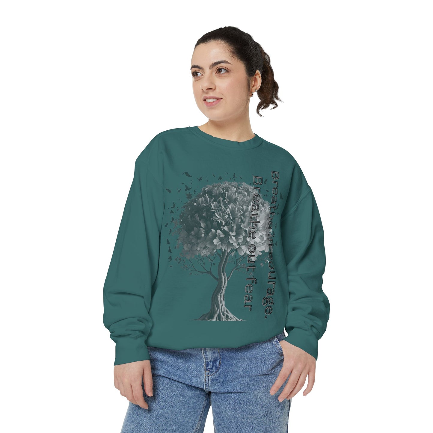 Inspirational Sweatshirt, Cozy Garment-Dyed Sweater, Gift for Nature Lovers, Motivational Apparel, Breathe Design Hoodie, Relaxed Fit Layer