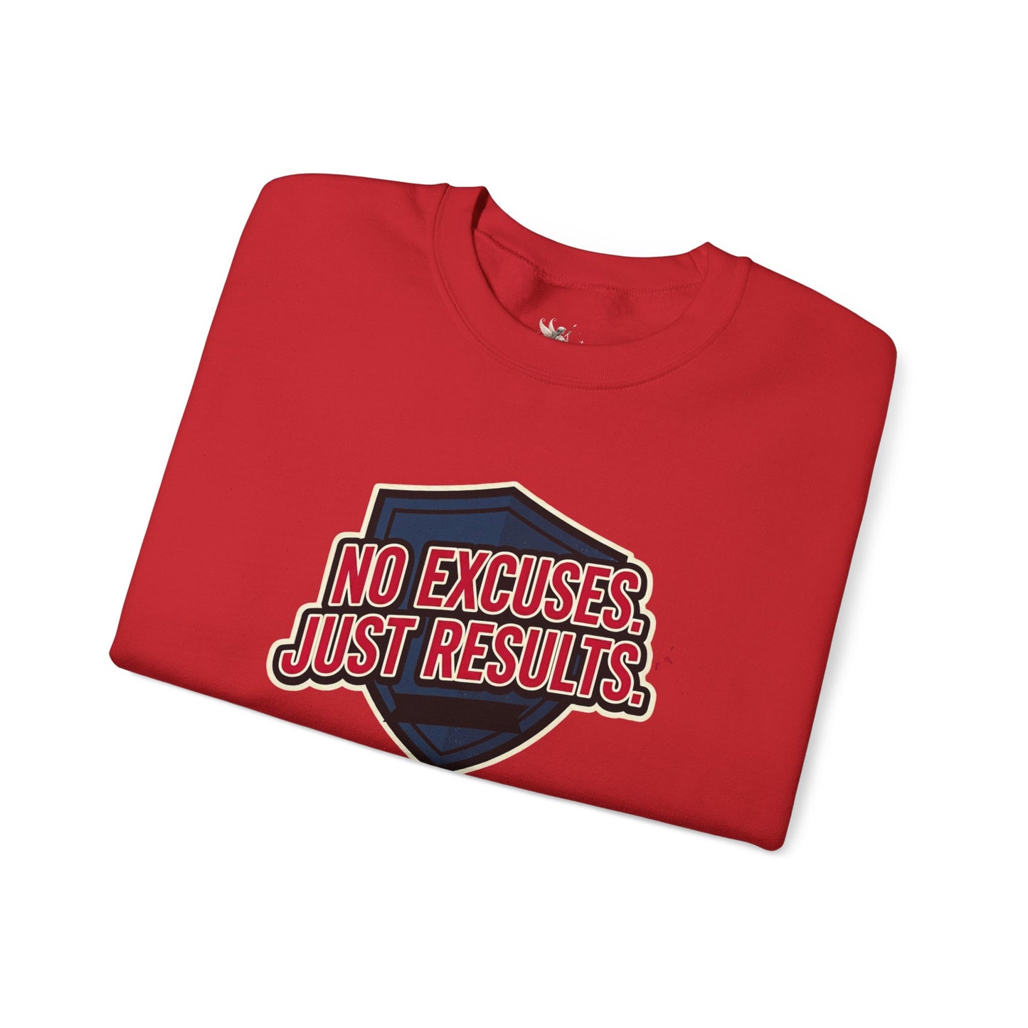 No Excuses Just Results Sweatshirt | Motivational Shield Design