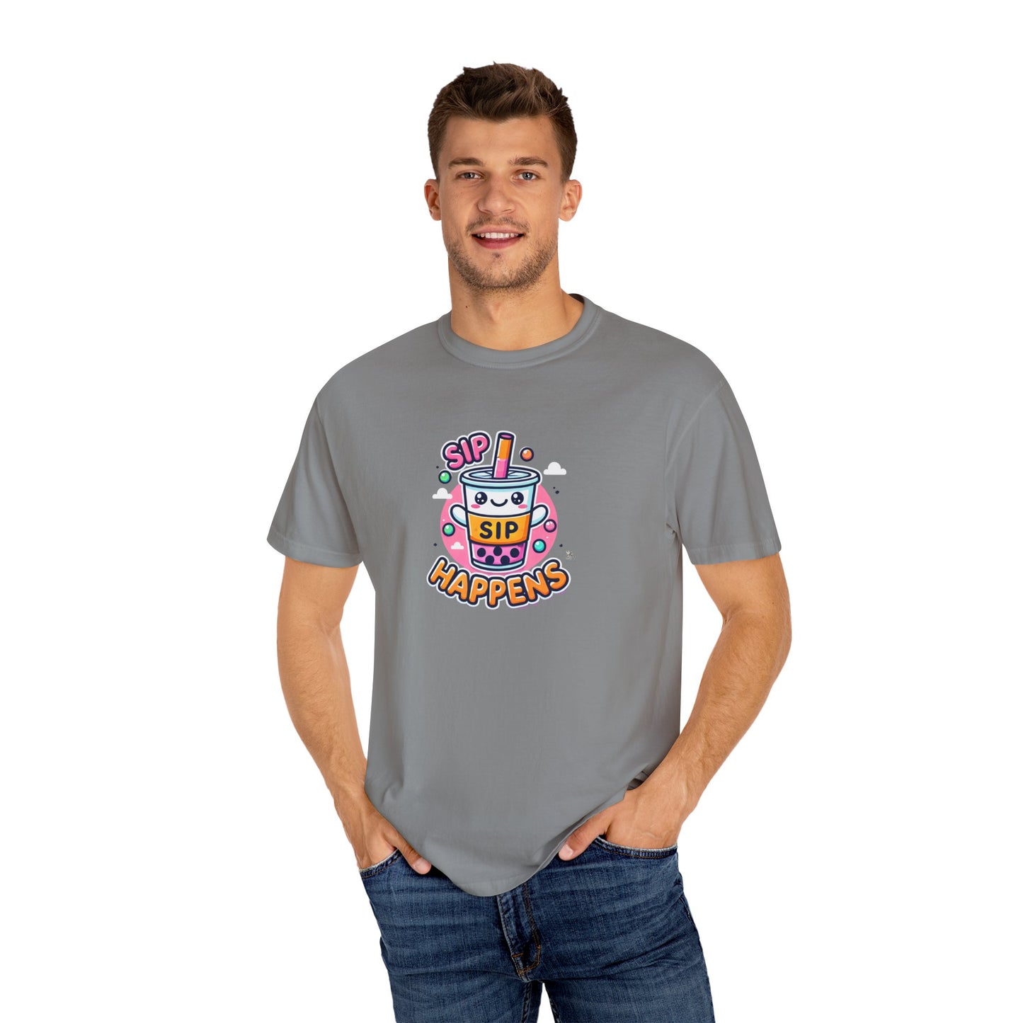 Kawaii Sip Happens T-Shirt, Cute Graphic Tee for Bubble Tea Lovers, Fun Casual Wear, Gift for Boba Tea Fans, Quirky Everyday Style