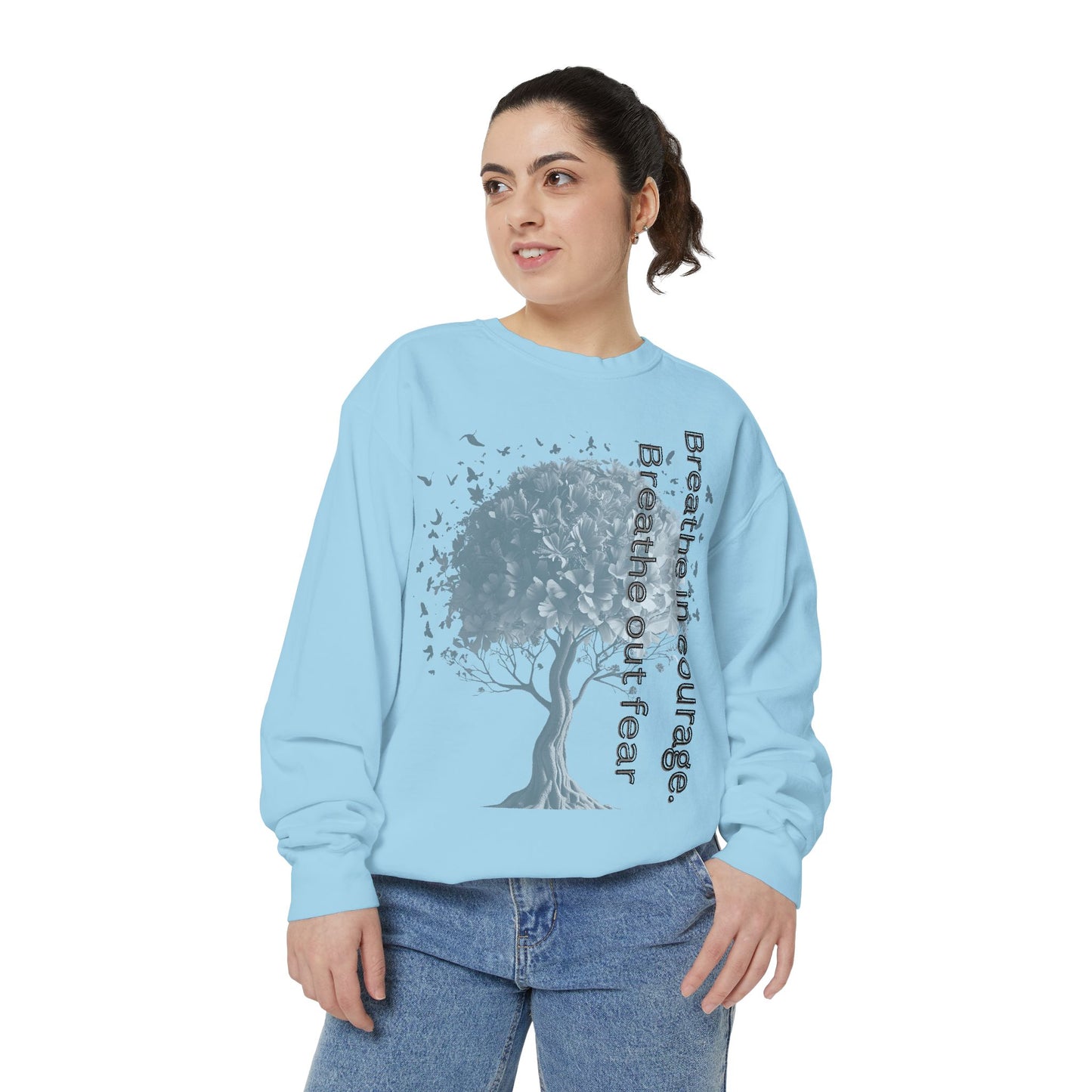 Inspirational Sweatshirt, Cozy Garment-Dyed Sweater, Gift for Nature Lovers, Motivational Apparel, Breathe Design Hoodie, Relaxed Fit Layer