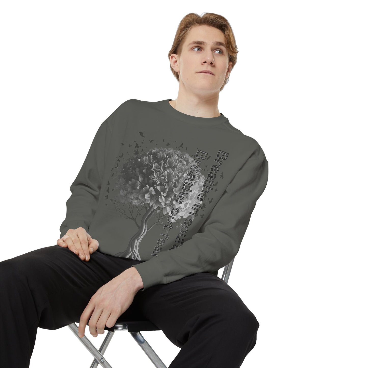 Inspirational Sweatshirt, Cozy Garment-Dyed Sweater, Gift for Nature Lovers, Motivational Apparel, Breathe Design Hoodie, Relaxed Fit Layer