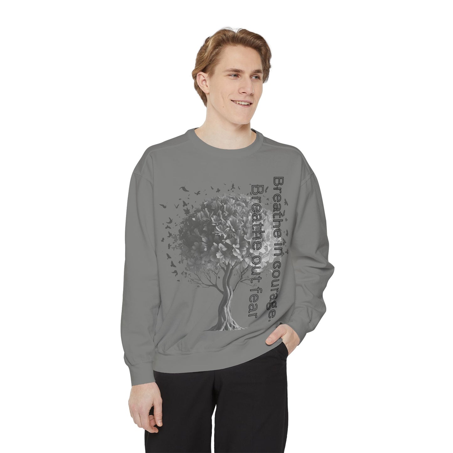 Inspirational Sweatshirt, Cozy Garment-Dyed Sweater, Gift for Nature Lovers, Motivational Apparel, Breathe Design Hoodie, Relaxed Fit Layer