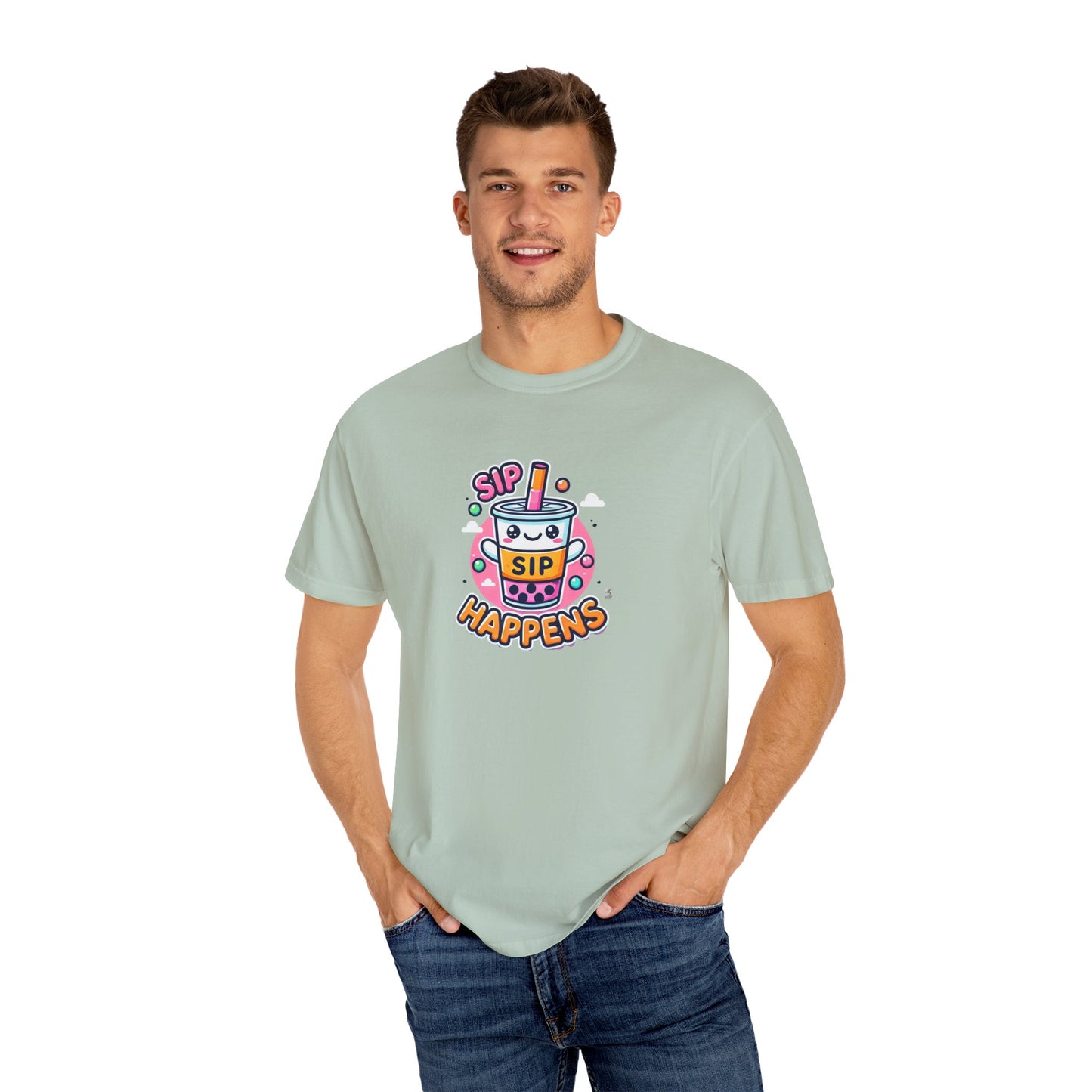 Kawaii Sip Happens T-Shirt, Cute Graphic Tee for Bubble Tea Lovers, Fun Casual Wear, Gift for Boba Tea Fans, Quirky Everyday Style