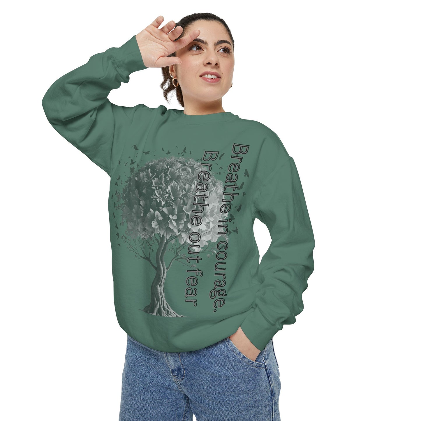 Inspirational Sweatshirt, Cozy Garment-Dyed Sweater, Gift for Nature Lovers, Motivational Apparel, Breathe Design Hoodie, Relaxed Fit Layer
