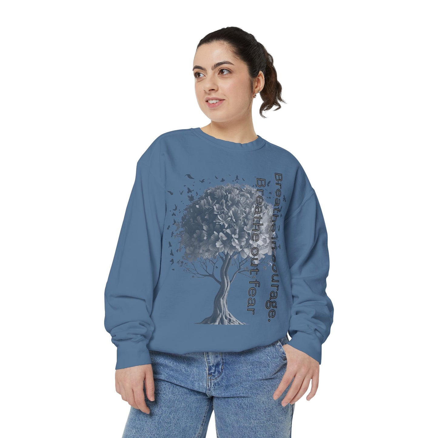 Inspirational Sweatshirt, Cozy Garment-Dyed Sweater, Gift for Nature Lovers, Motivational Apparel, Breathe Design Hoodie, Relaxed Fit Layer