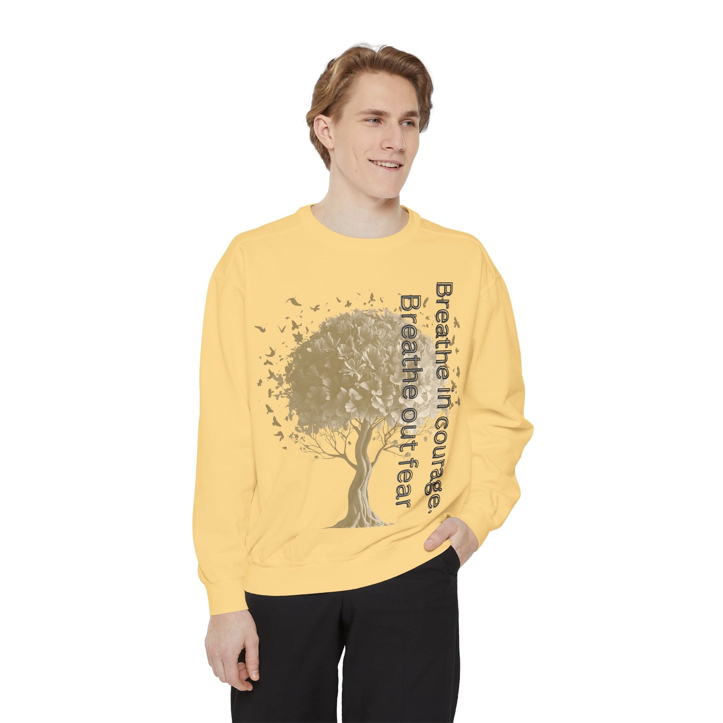 Inspirational Sweatshirt, Cozy Garment-Dyed Sweater, Gift for Nature Lovers, Motivational Apparel, Breathe Design Hoodie, Relaxed Fit Layer