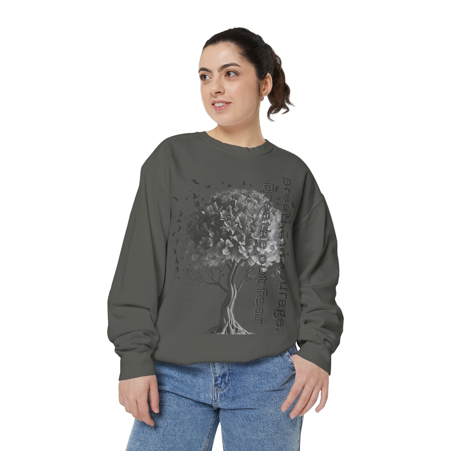 Inspirational Sweatshirt, Cozy Garment-Dyed Sweater, Gift for Nature Lovers, Motivational Apparel, Breathe Design Hoodie, Relaxed Fit Layer