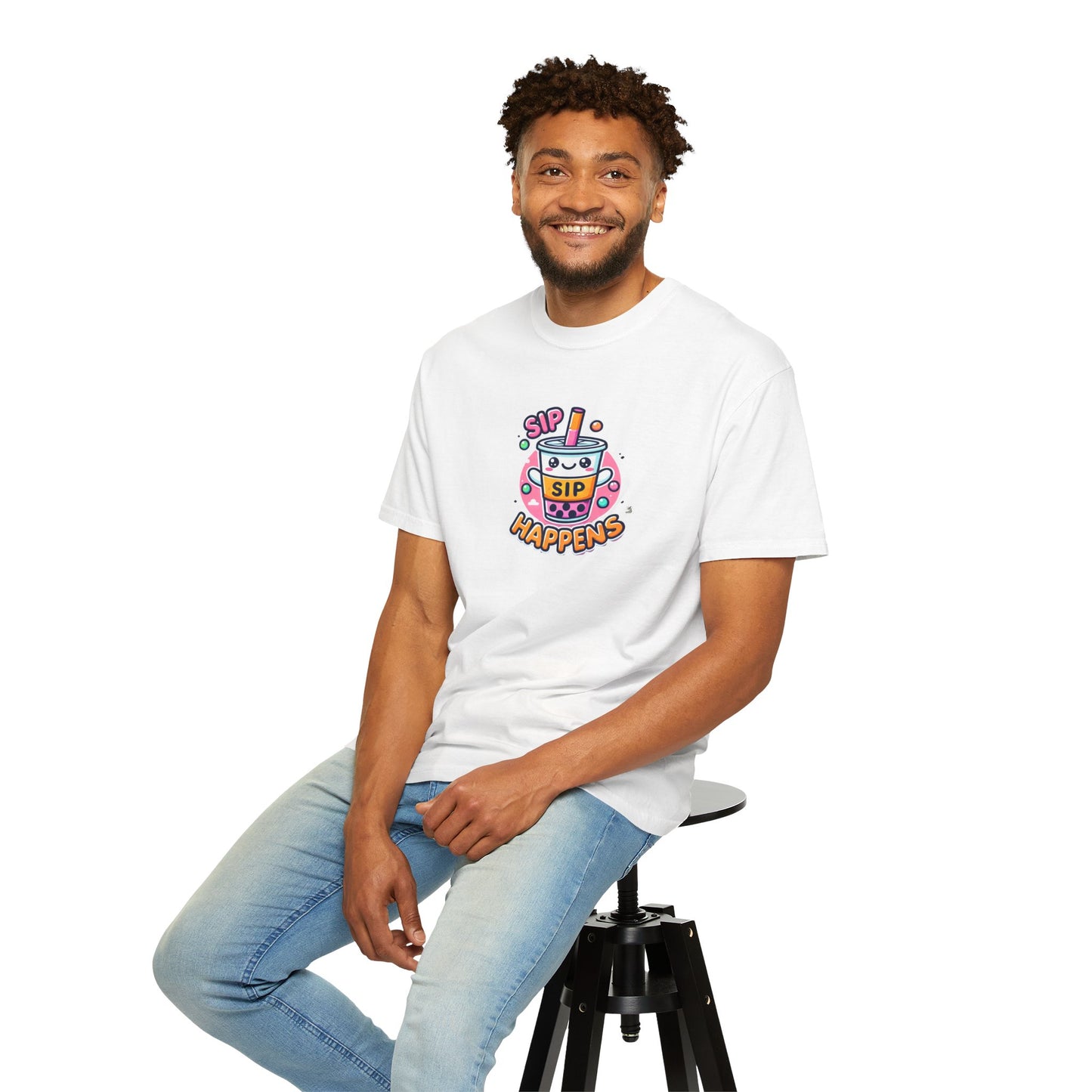 Kawaii Sip Happens T-Shirt, Cute Graphic Tee for Bubble Tea Lovers, Fun Casual Wear, Gift for Boba Tea Fans, Quirky Everyday Style