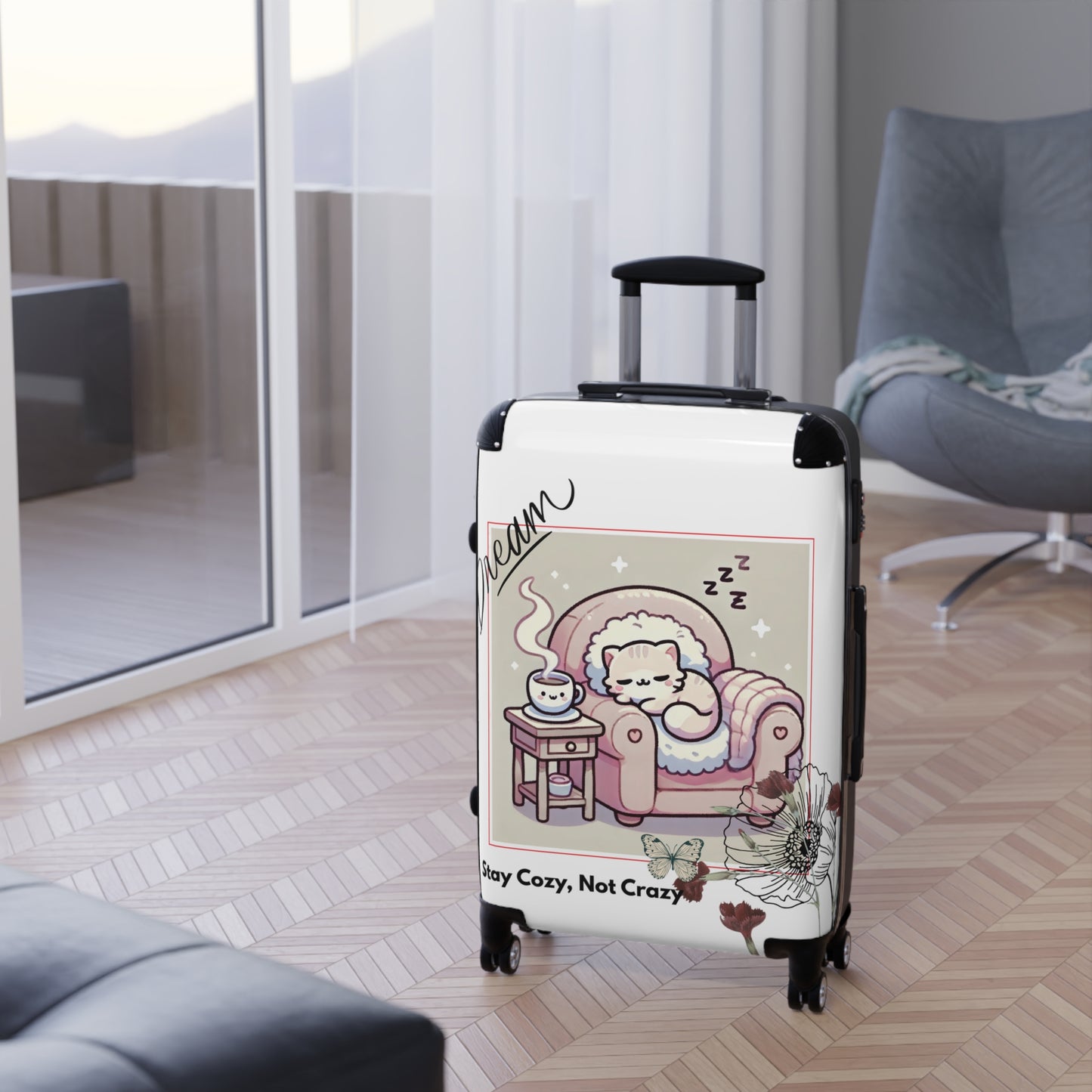 Cozy Cat Suitcase, Adorable Travel Luggage, Vacation Gear, Gift for Pet Lovers, Stay Cozy Not Crazy Design