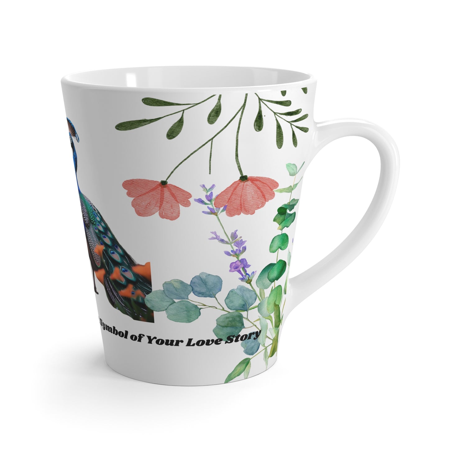 Peacock Love Latte Mug | Unique Coffee Cup for Couples, Wedding Gift Idea, Floral Design, Nature Lover's Gift, Home & Kitchen Decor