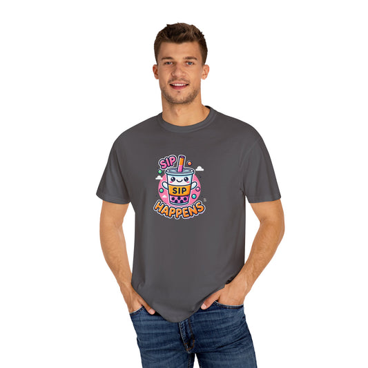 Kawaii Sip Happens T-Shirt, Cute Graphic Tee for Bubble Tea Lovers, Fun Casual Wear, Gift for Boba Tea Fans, Quirky Everyday Style