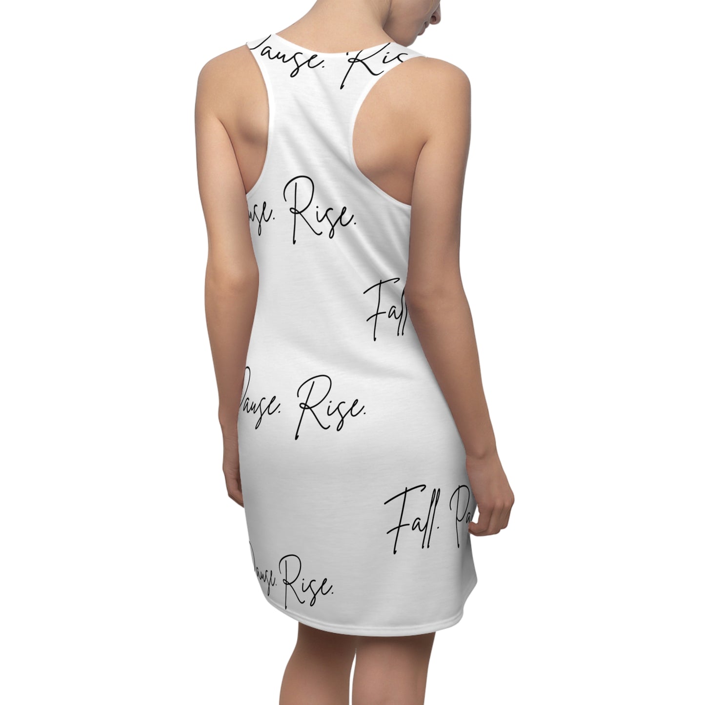 Fall Pause Rise dress | Racerback Dress with Script Text All-Over Print
