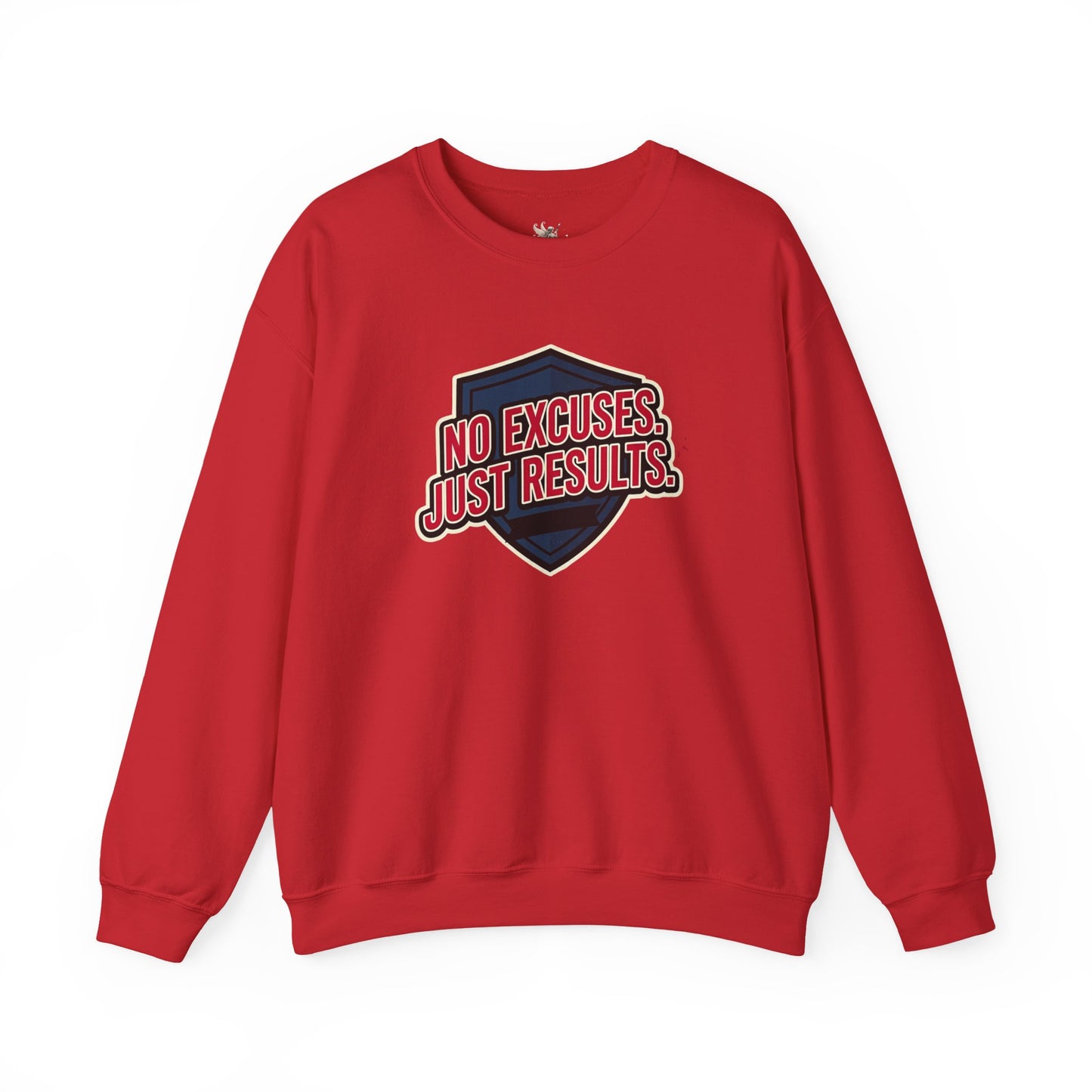 No Excuses Just Results Sweatshirt | Motivational Shield Design