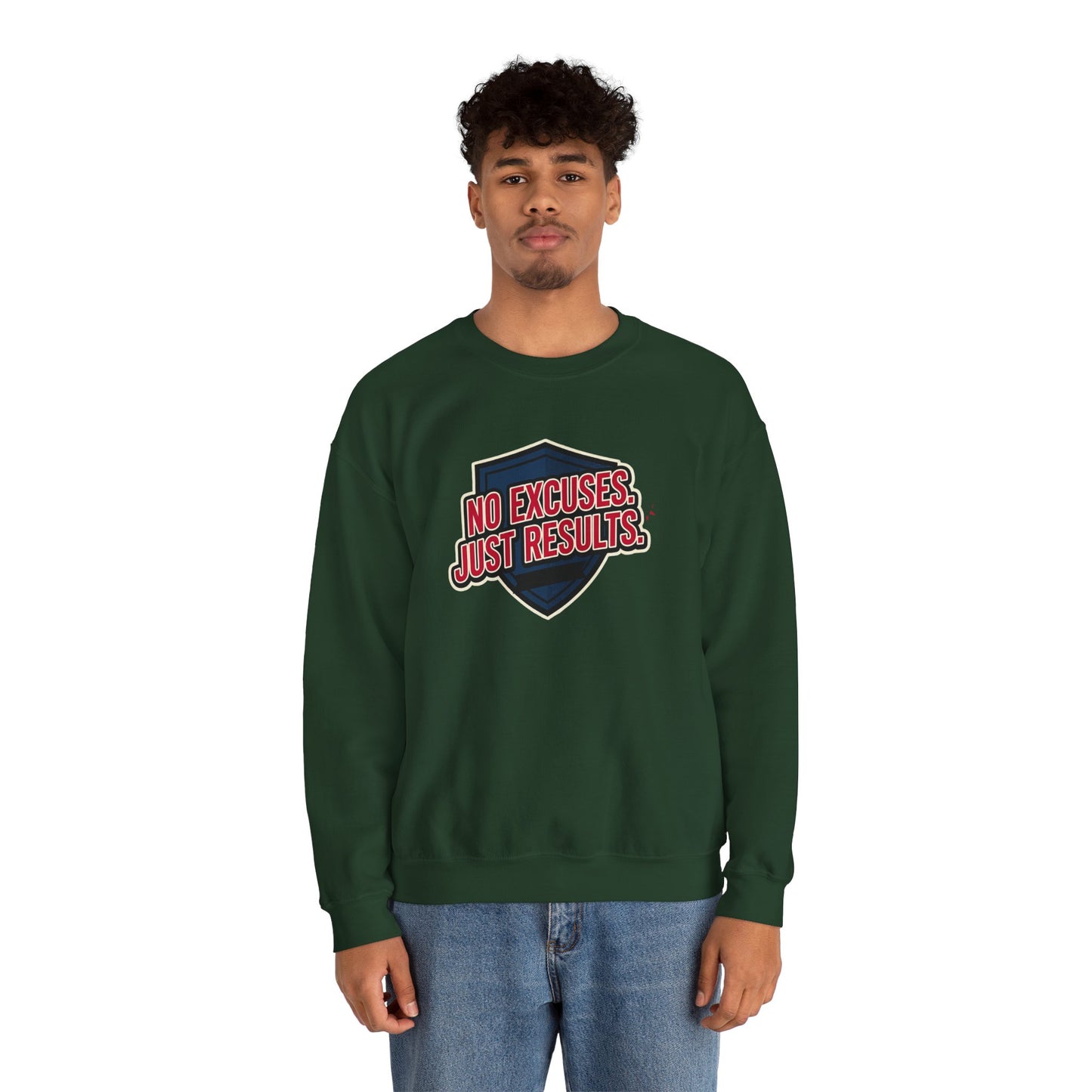 No Excuses Just Results Sweatshirt | Motivational Shield Design