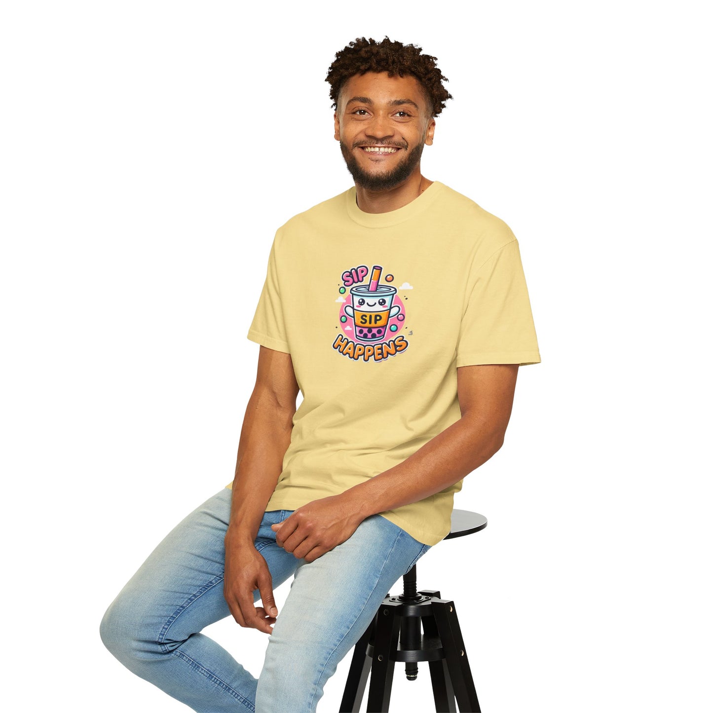 Kawaii Sip Happens T-Shirt, Cute Graphic Tee for Bubble Tea Lovers, Fun Casual Wear, Gift for Boba Tea Fans, Quirky Everyday Style