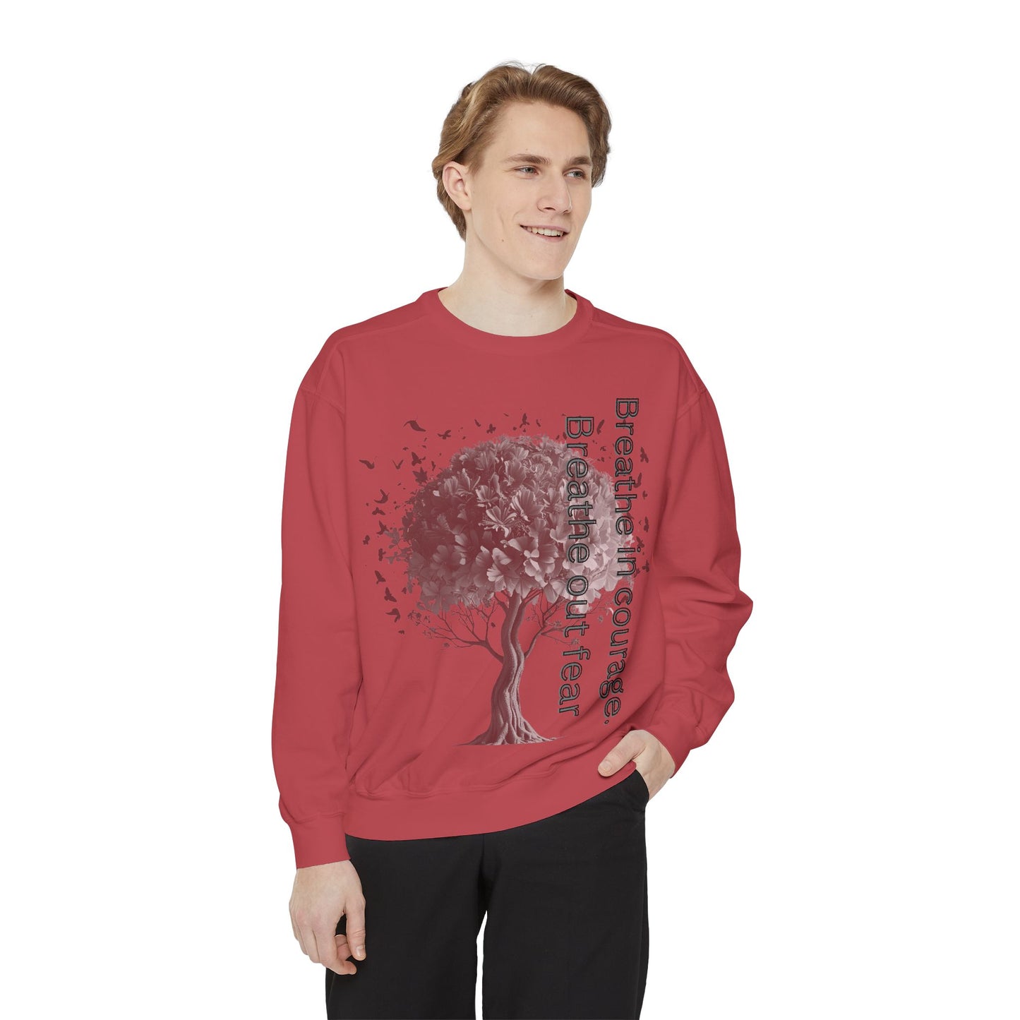 Inspirational Sweatshirt, Cozy Garment-Dyed Sweater, Gift for Nature Lovers, Motivational Apparel, Breathe Design Hoodie, Relaxed Fit Layer