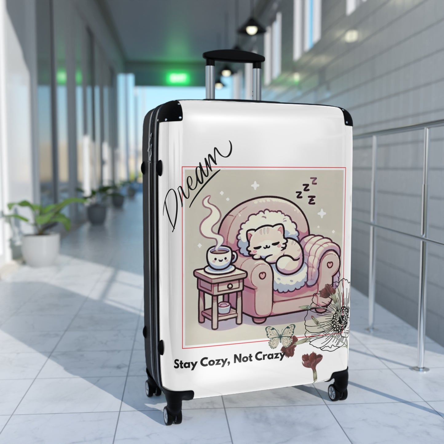 Cozy Cat Suitcase, Adorable Travel Luggage, Vacation Gear, Gift for Pet Lovers, Stay Cozy Not Crazy Design