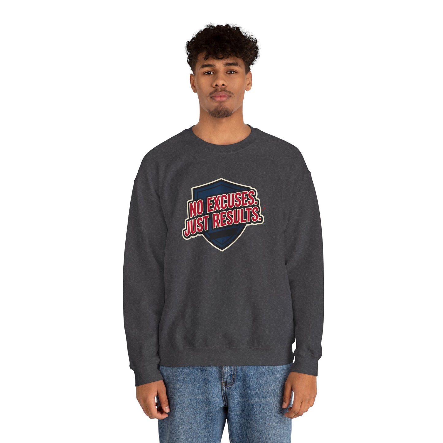 No Excuses Just Results Sweatshirt | Motivational Shield Design