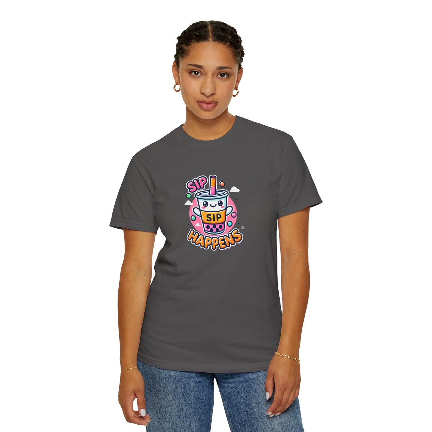 Kawaii Sip Happens T-Shirt, Cute Graphic Tee for Bubble Tea Lovers, Fun Casual Wear, Gift for Boba Tea Fans, Quirky Everyday Style