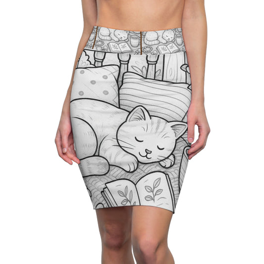 Cozy Cat Pencil Skirt, AOP Skirt, Cat Lover Fashion, Unique Gift for Cat Moms, Cute Skirt for Casual Wear, Adorable Pencil Skirt
