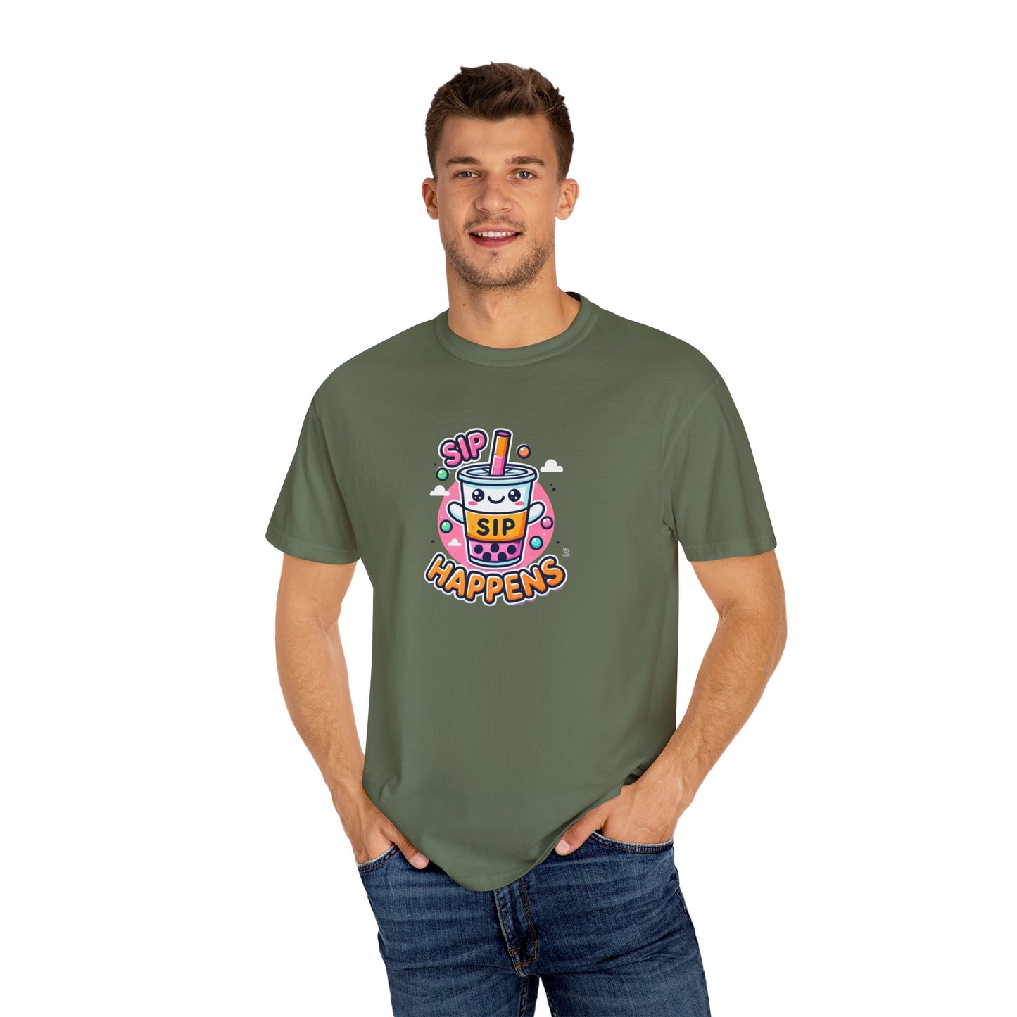 Kawaii Sip Happens T-Shirt, Cute Graphic Tee for Bubble Tea Lovers, Fun Casual Wear, Gift for Boba Tea Fans, Quirky Everyday Style