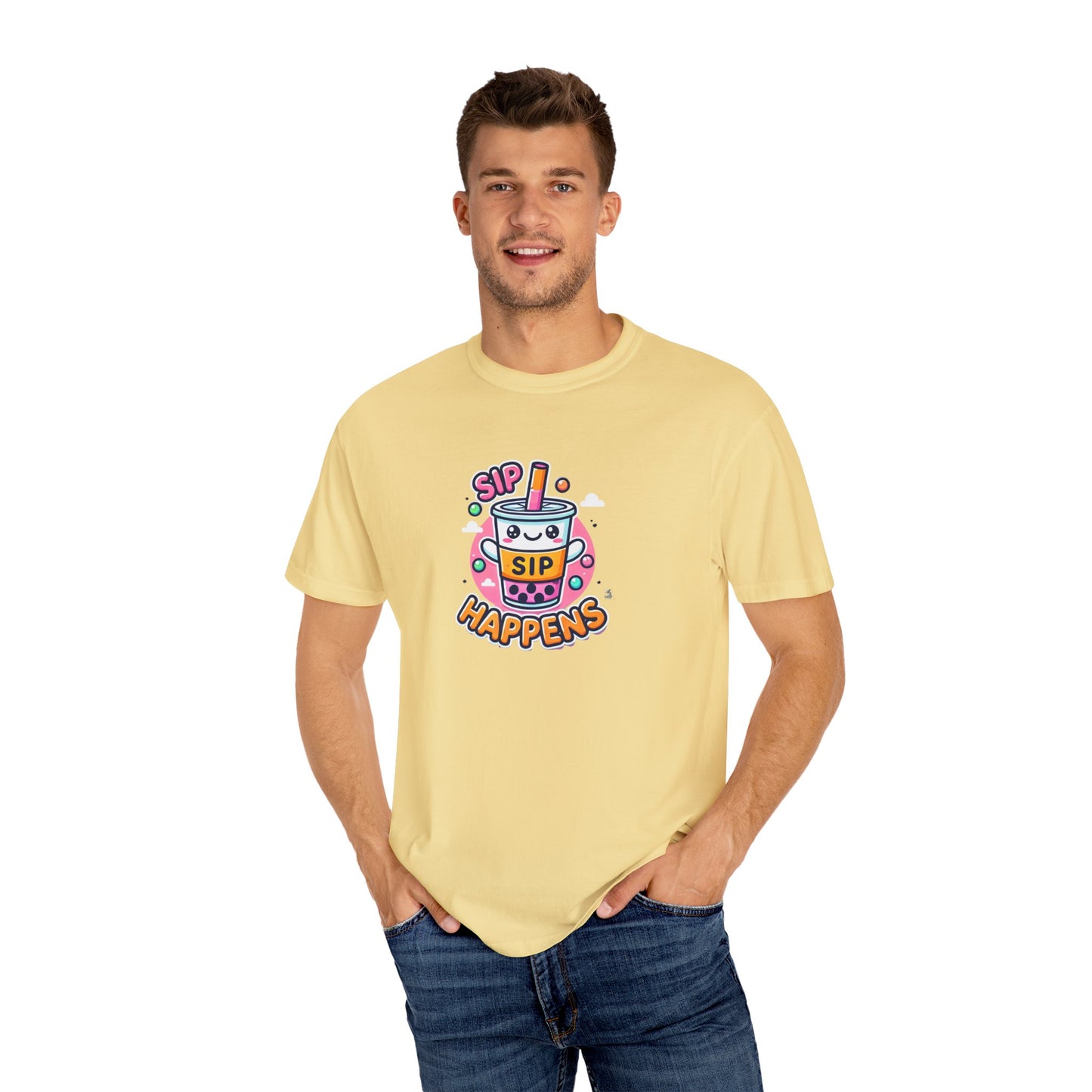 Kawaii Sip Happens T-Shirt, Cute Graphic Tee for Bubble Tea Lovers, Fun Casual Wear, Gift for Boba Tea Fans, Quirky Everyday Style