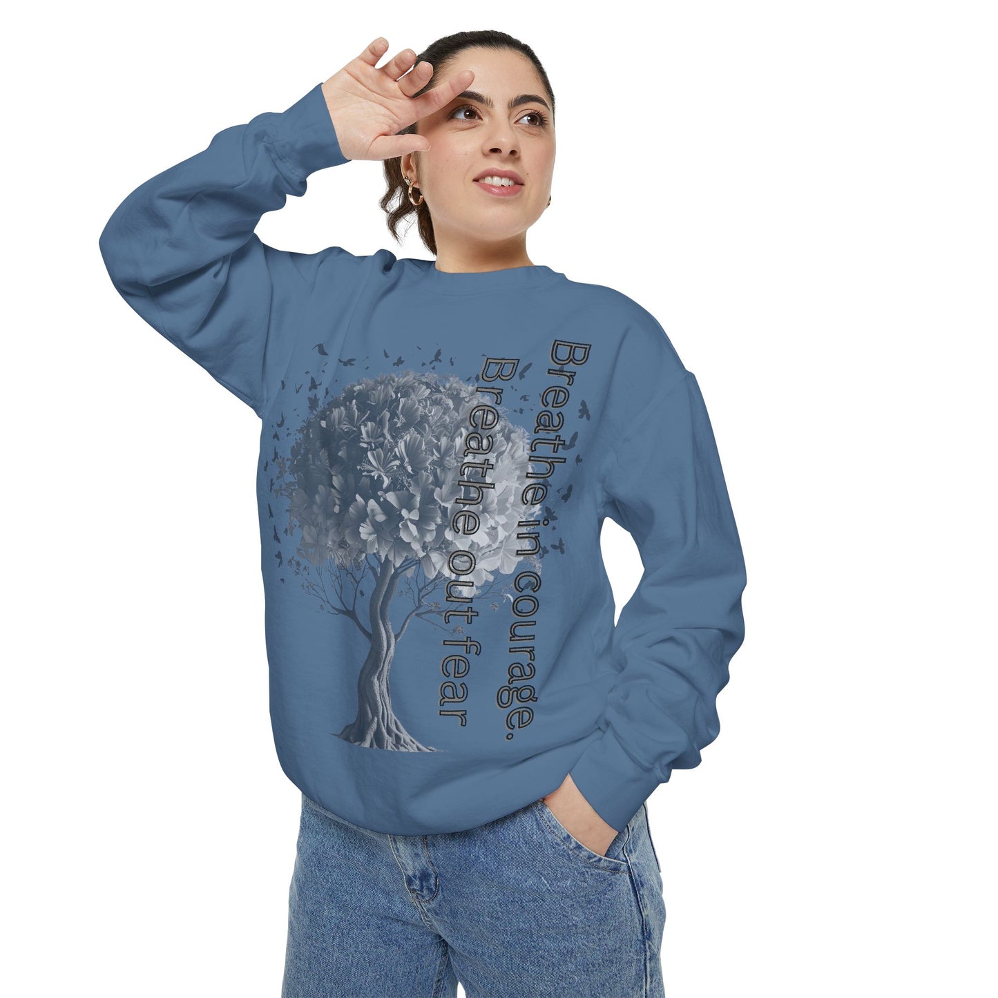 Inspirational Sweatshirt, Cozy Garment-Dyed Sweater, Gift for Nature Lovers, Motivational Apparel, Breathe Design Hoodie, Relaxed Fit Layer