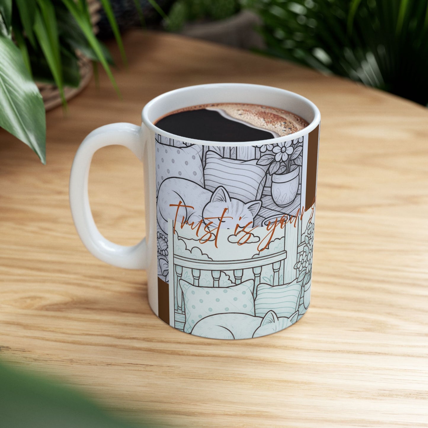 Cozy Home Ceramic Mug, Cat Lovers Gift, Floral Design Coffee Cup, Cute Tea Mug, Unique Kitchenware, Gift for Cat Moms