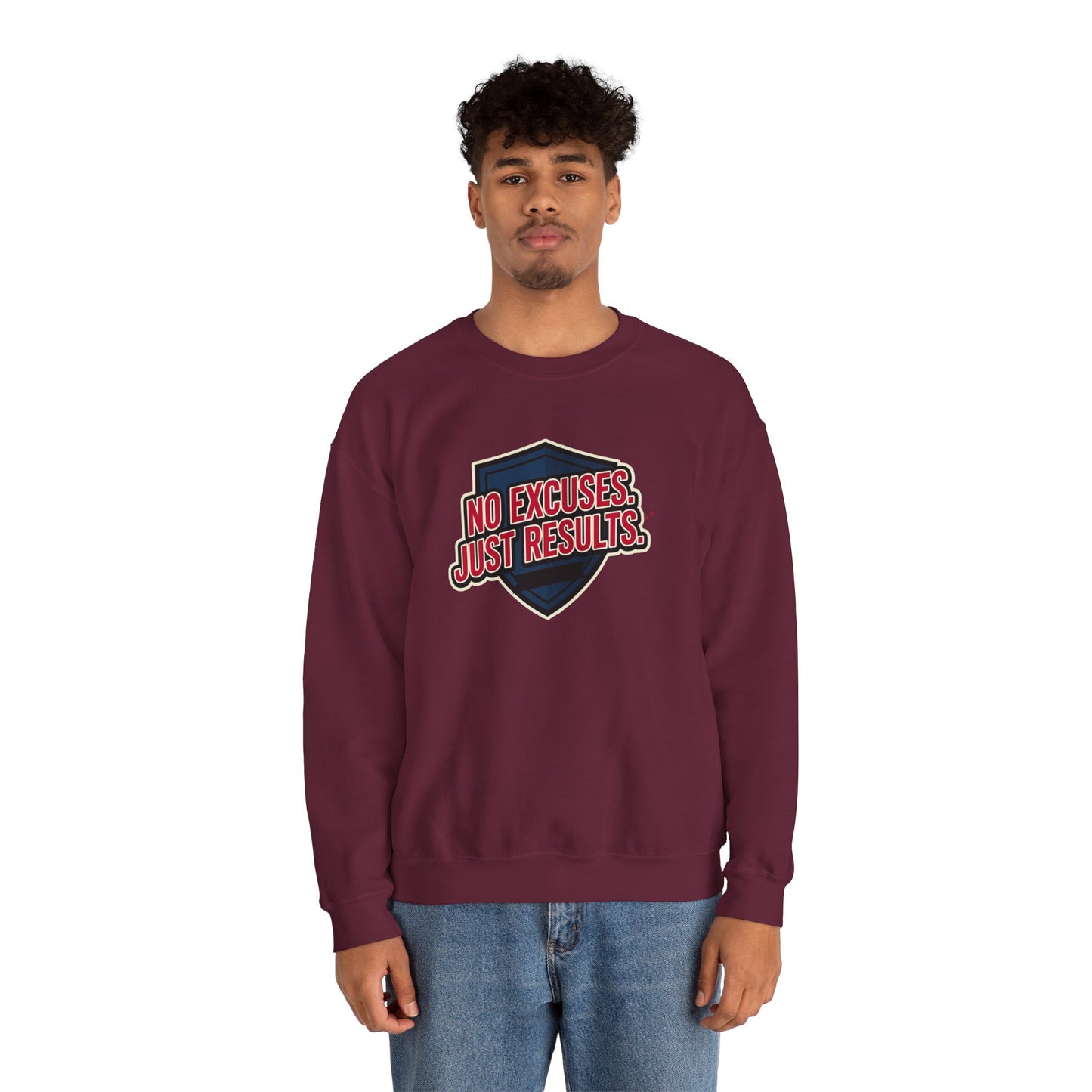 No Excuses Just Results Sweatshirt | Motivational Shield Design