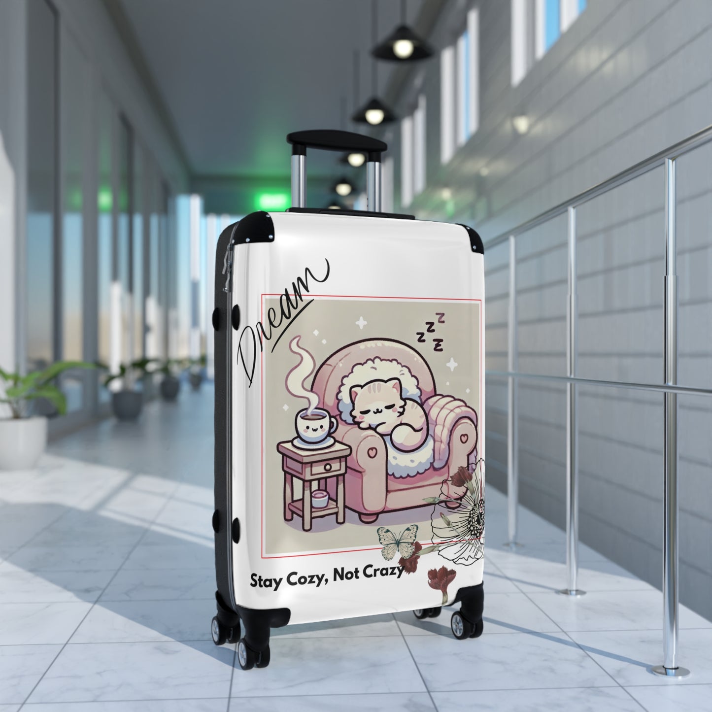 Cozy Cat Suitcase, Adorable Travel Luggage, Vacation Gear, Gift for Pet Lovers, Stay Cozy Not Crazy Design