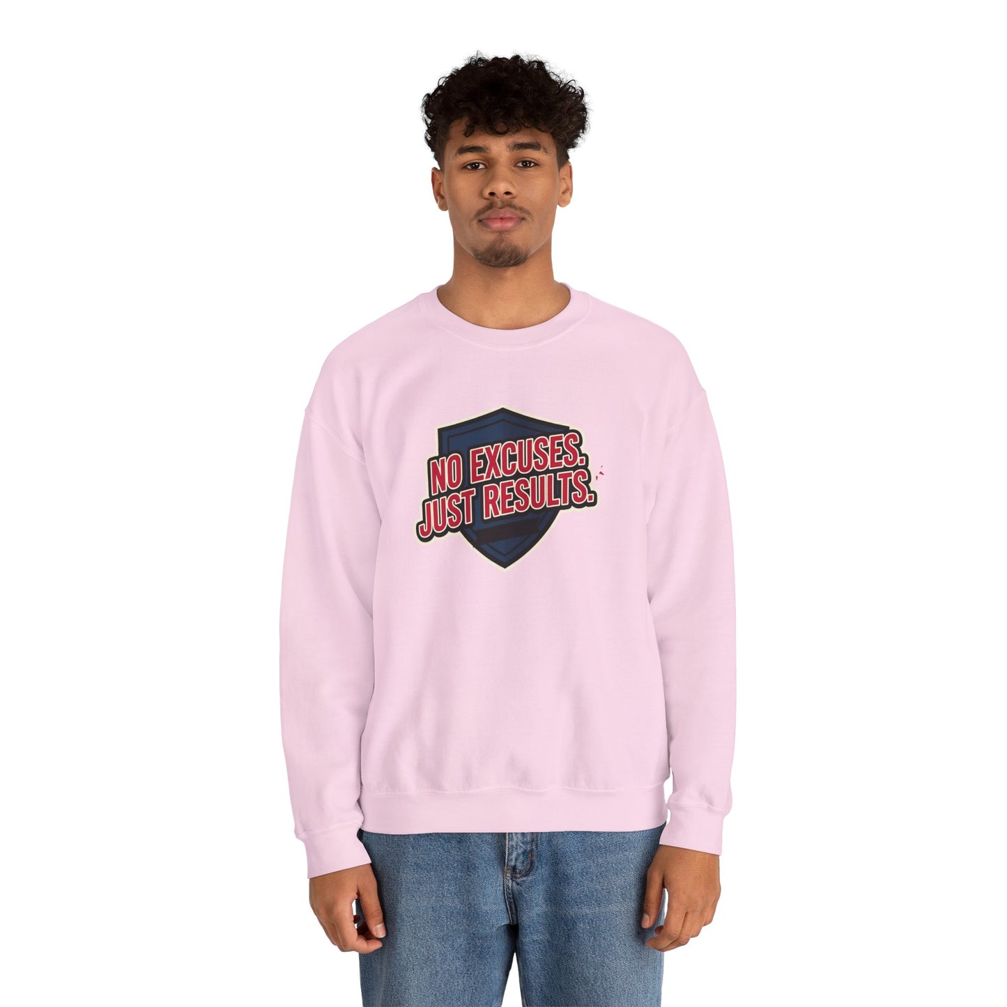 No Excuses Just Results Sweatshirt | Motivational Shield Design