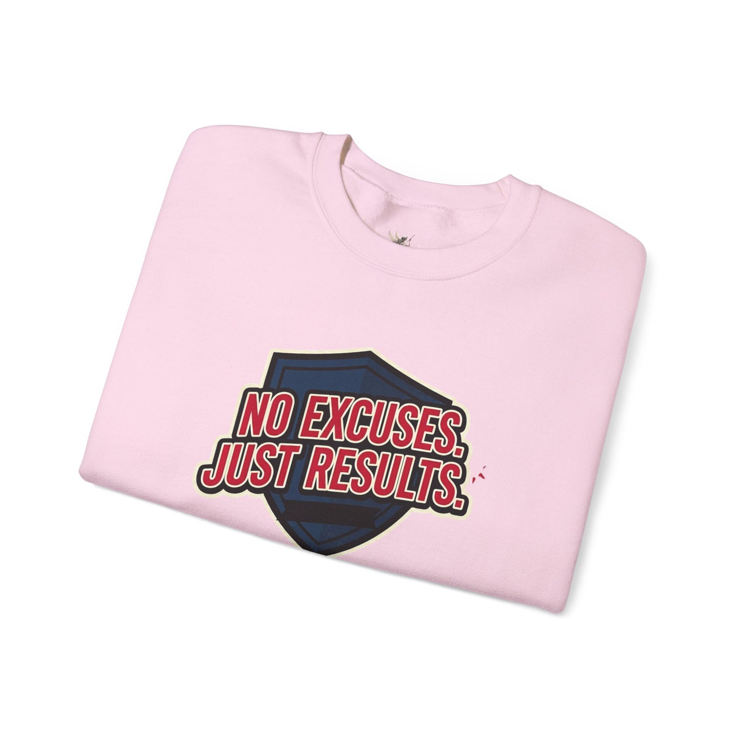 No Excuses Just Results Sweatshirt | Motivational Shield Design