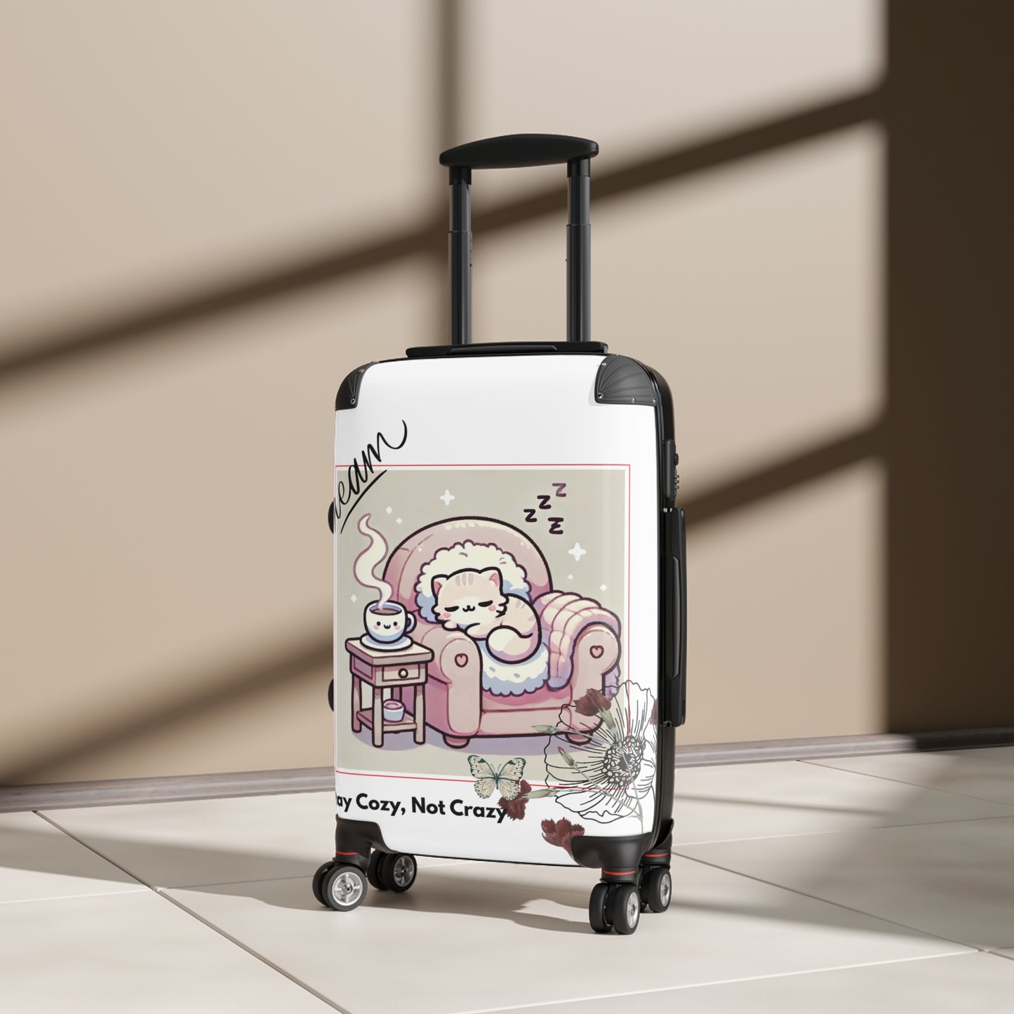 Cozy Cat Suitcase, Adorable Travel Luggage, Vacation Gear, Gift for Pet Lovers, Stay Cozy Not Crazy Design