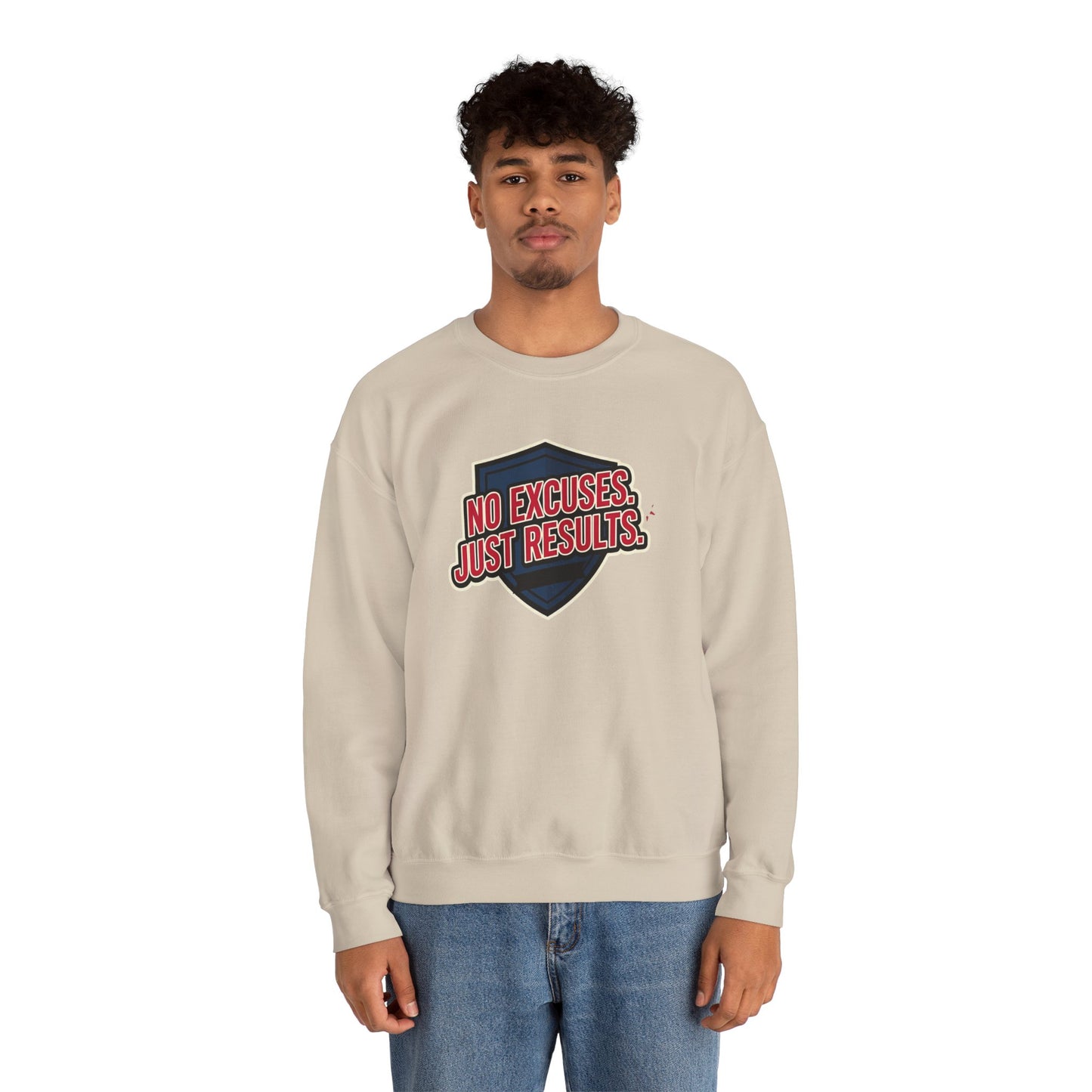 No Excuses Just Results Sweatshirt | Motivational Shield Design